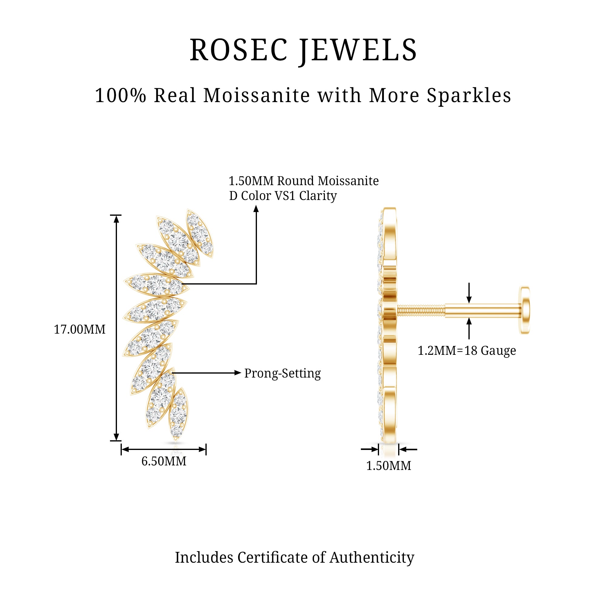 Certified Moissanite Feather Climber Cartilage Earring D-VS1 - Rosec Jewels