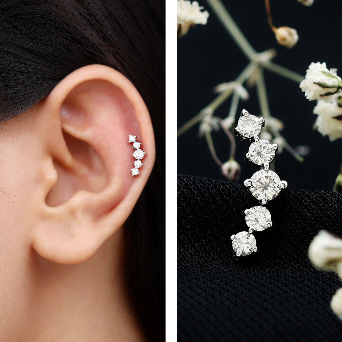Graduated Style Diamond Crawler Earring for Women Natural - ( HI-SI ) - Rosec Jewels