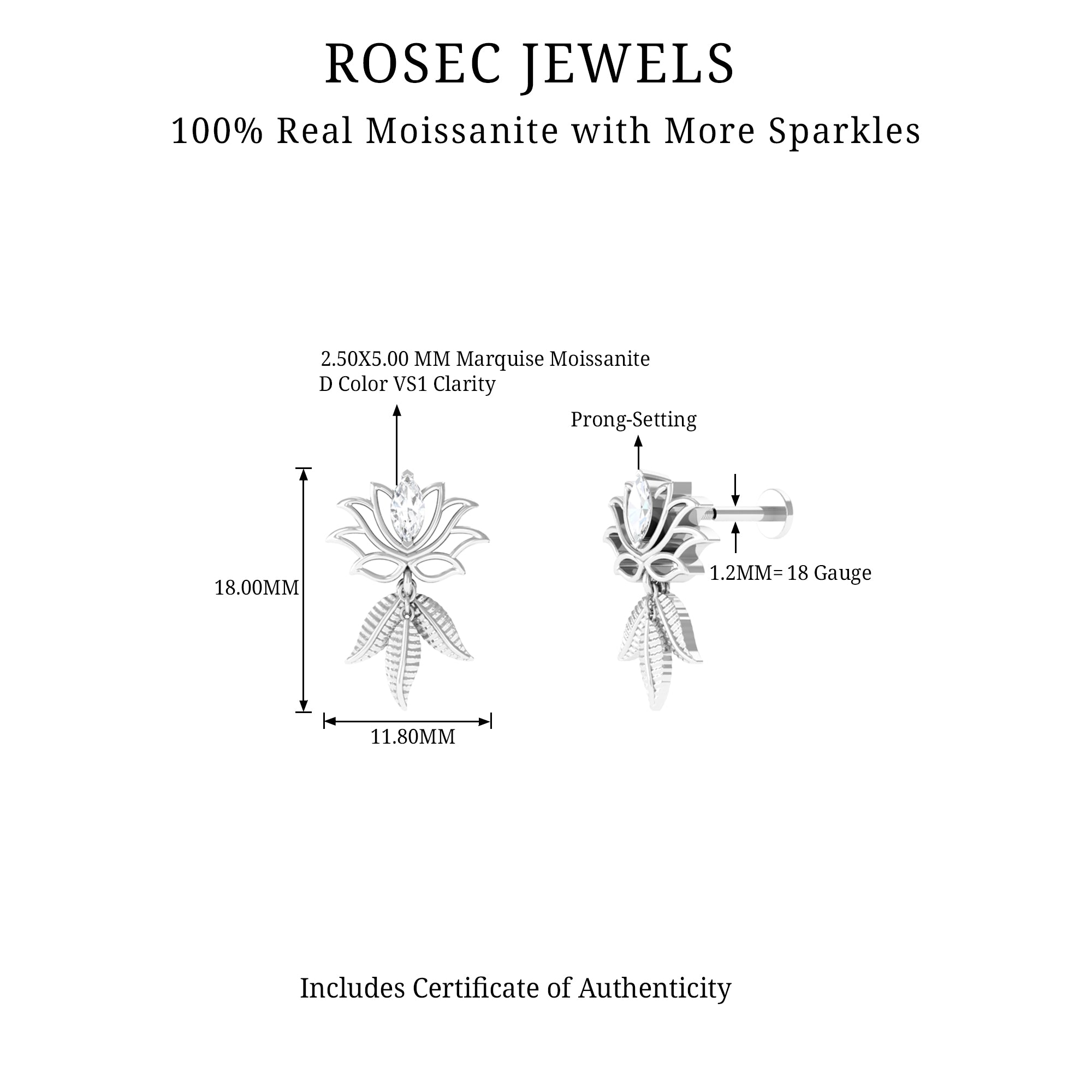 Marquise Moissanite Lotus Drop Earring for Cartilage Piercing D-VS1 - Rosec Jewels