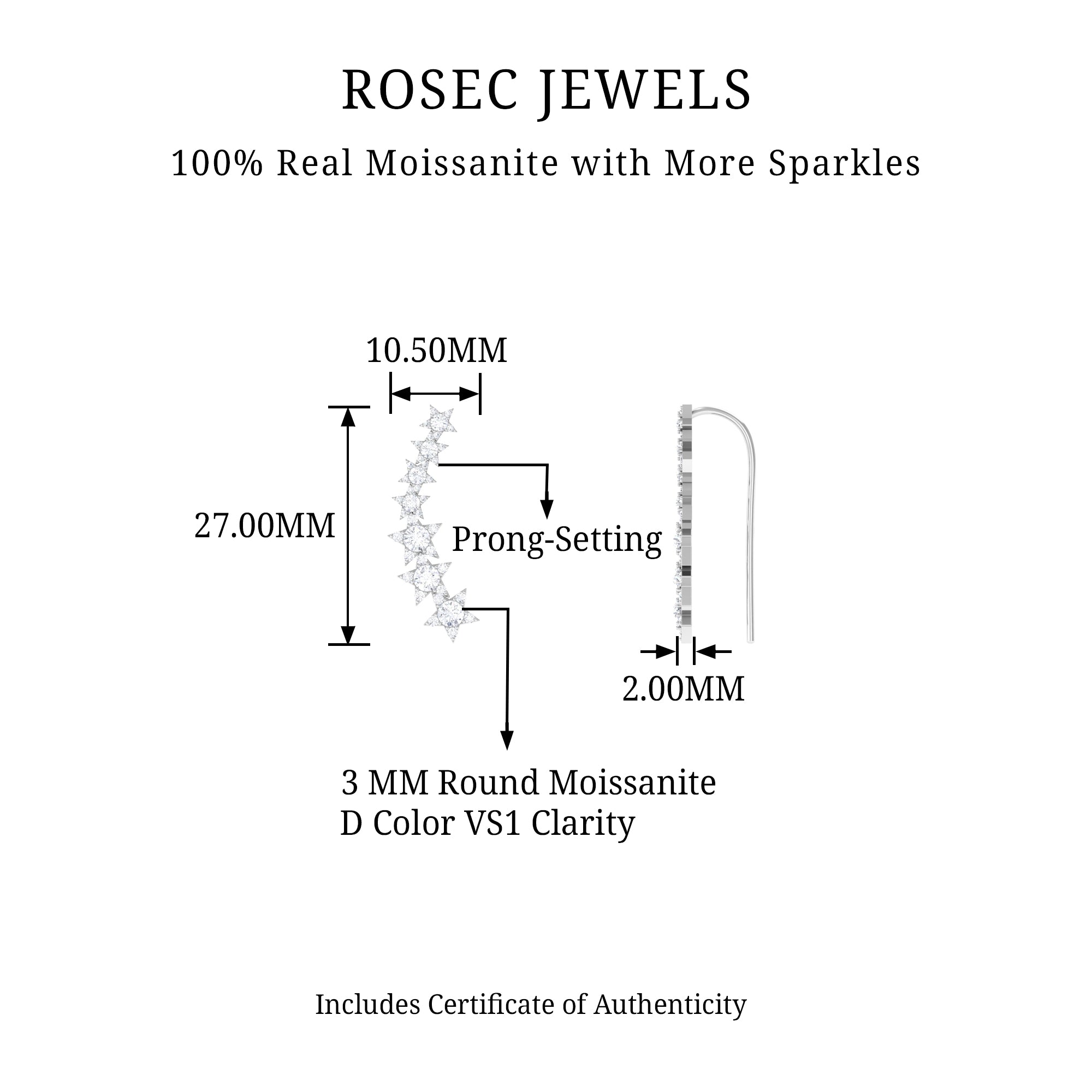 Moissanite Star Climber Earring for Cartilage Piercing D-VS1 - Rosec Jewels