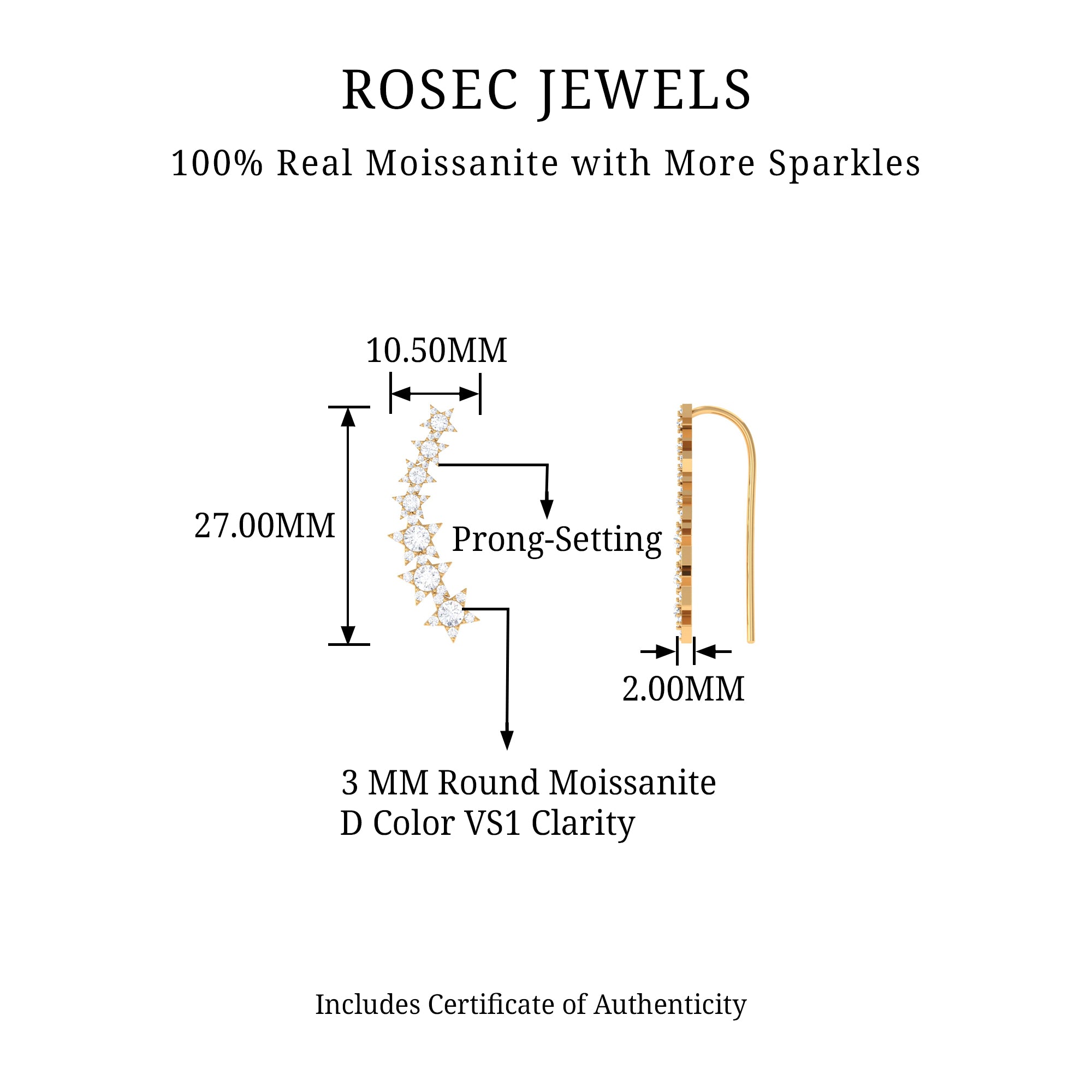 Moissanite Star Climber Earring for Cartilage Piercing D-VS1 - Rosec Jewels