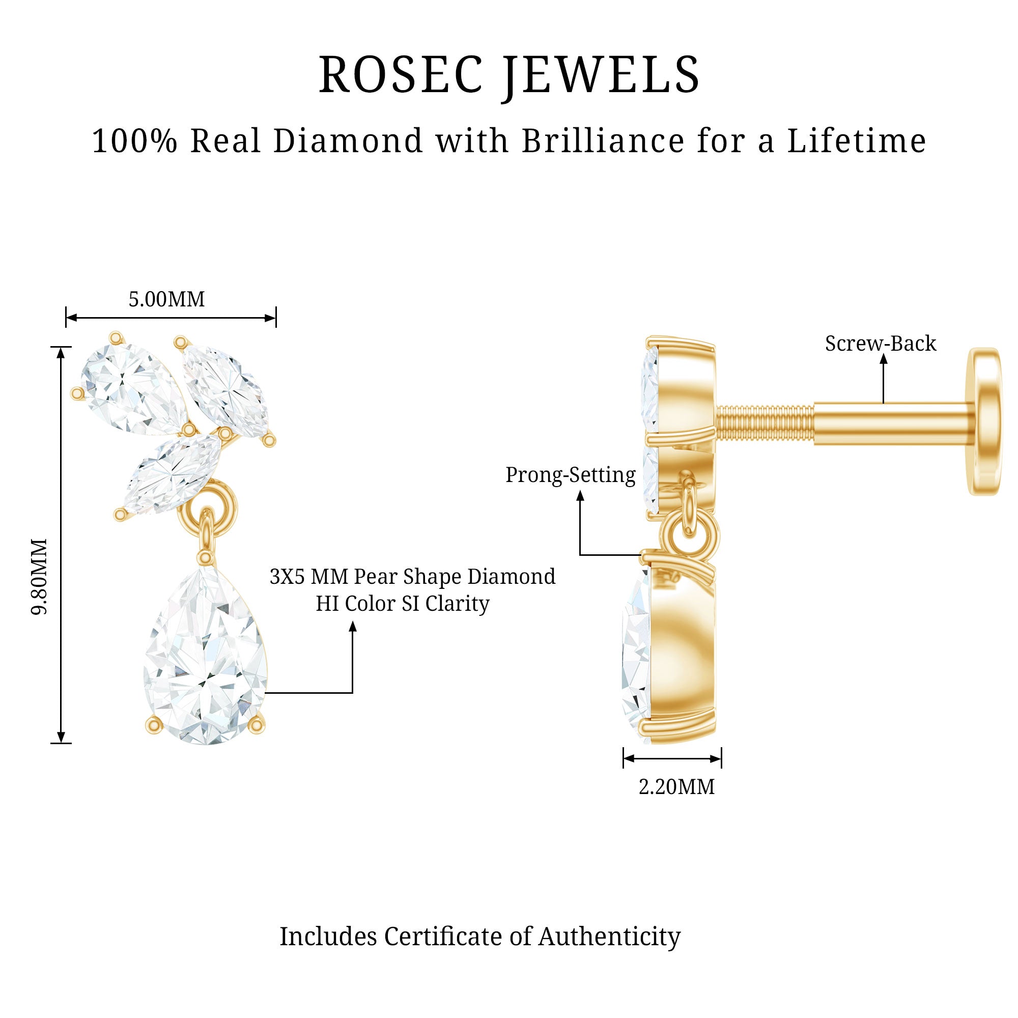 Natural Diamond Teardrop Cartilage Earring With Certificate Natural - ( HI-SI ) - Rosec Jewels