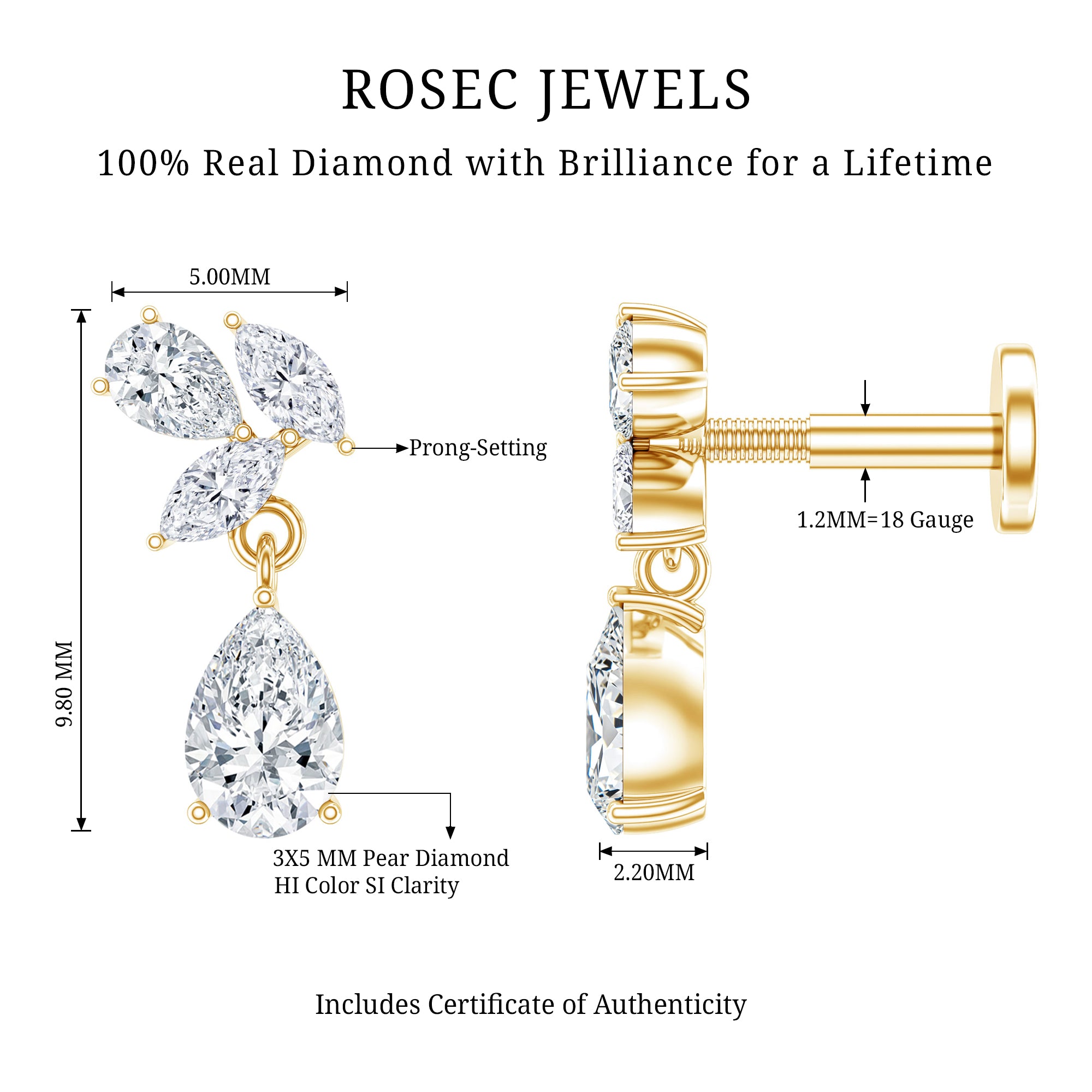 Natural Diamond Teardrop Cartilage Earring With Certificate Natural - ( HI-SI ) - Rosec Jewels