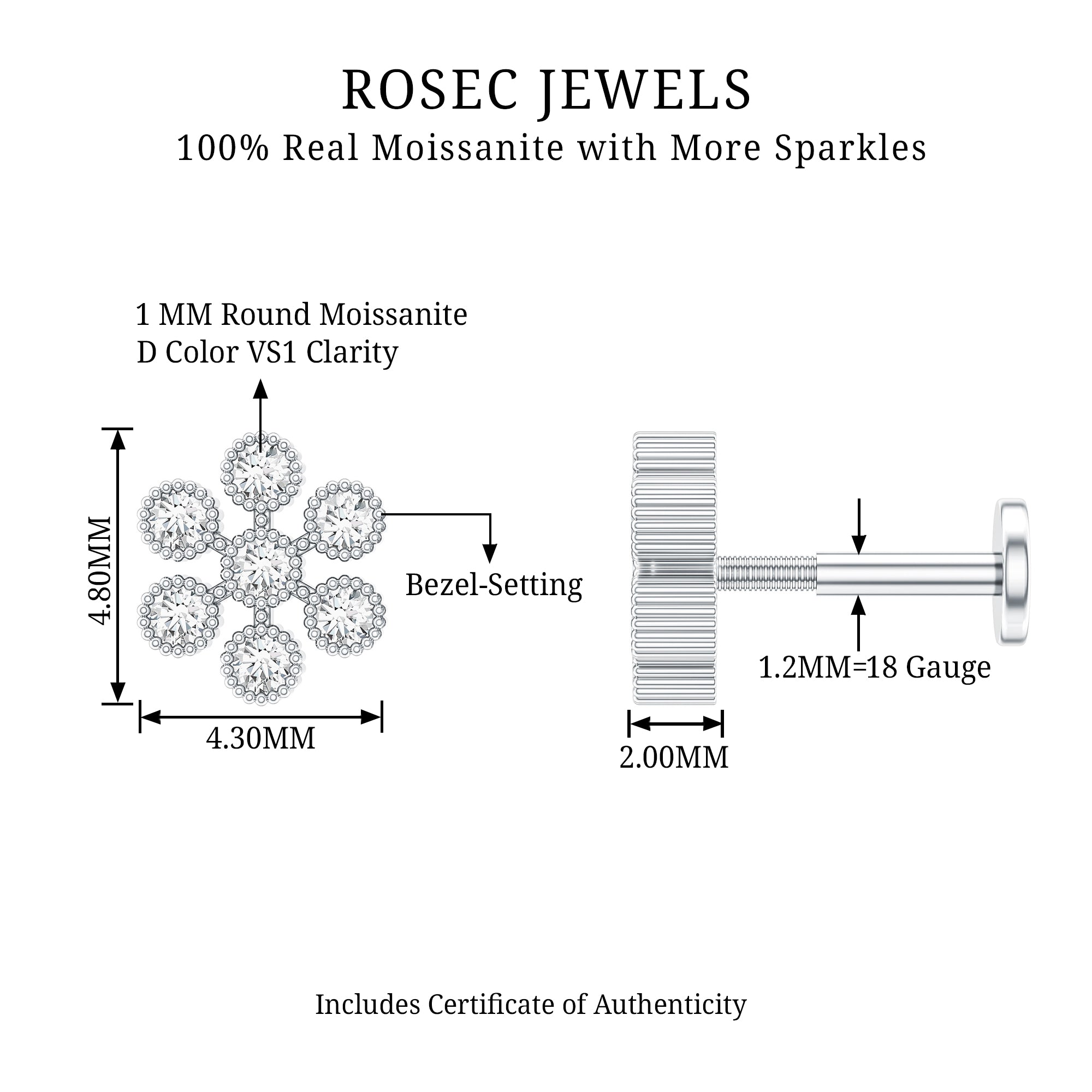 Moissanite Flower Cartilage Earring in Beaded Bezel Setting D-VS1 - Rosec Jewels