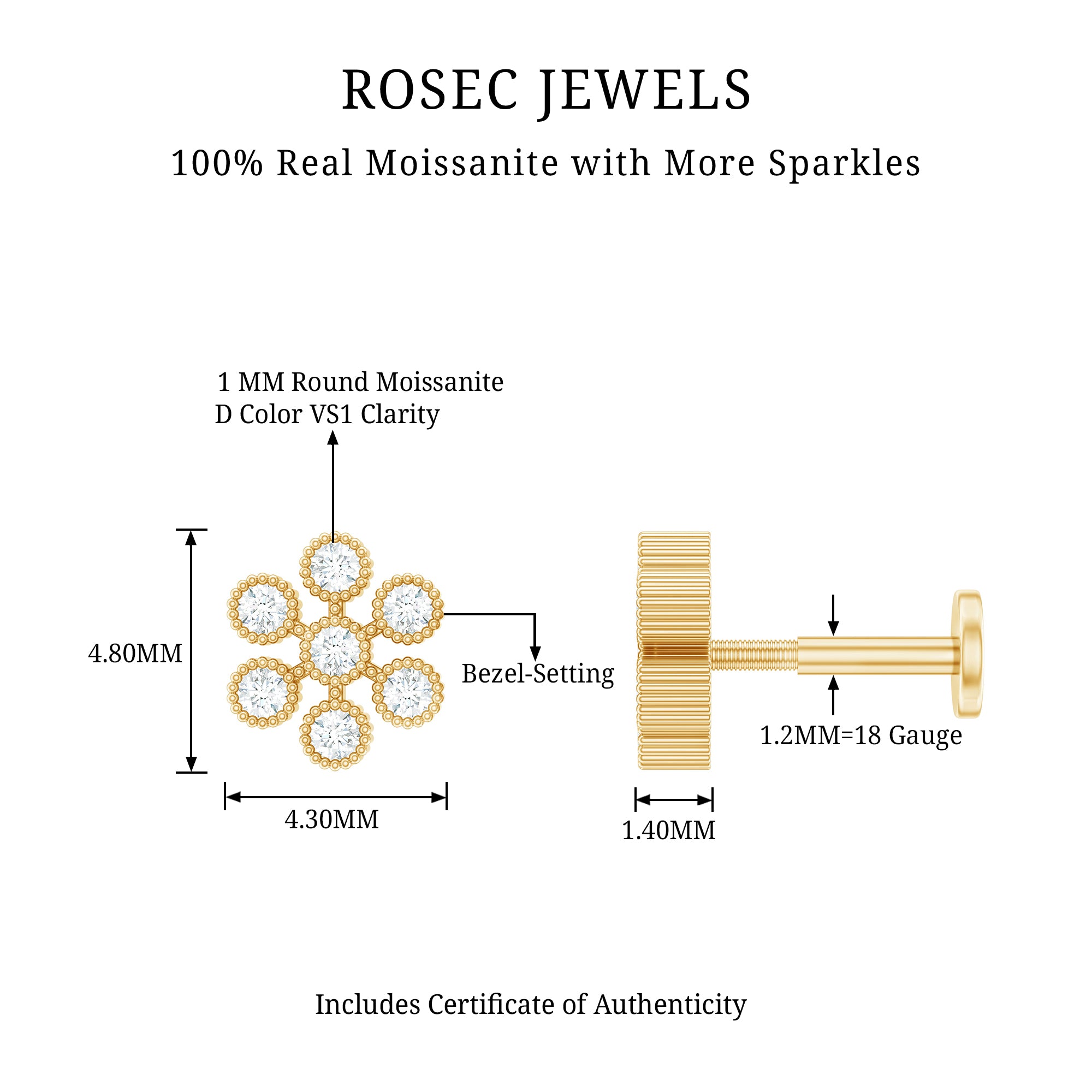 Moissanite Flower Cartilage Earring in Beaded Bezel Setting D-VS1 - Rosec Jewels