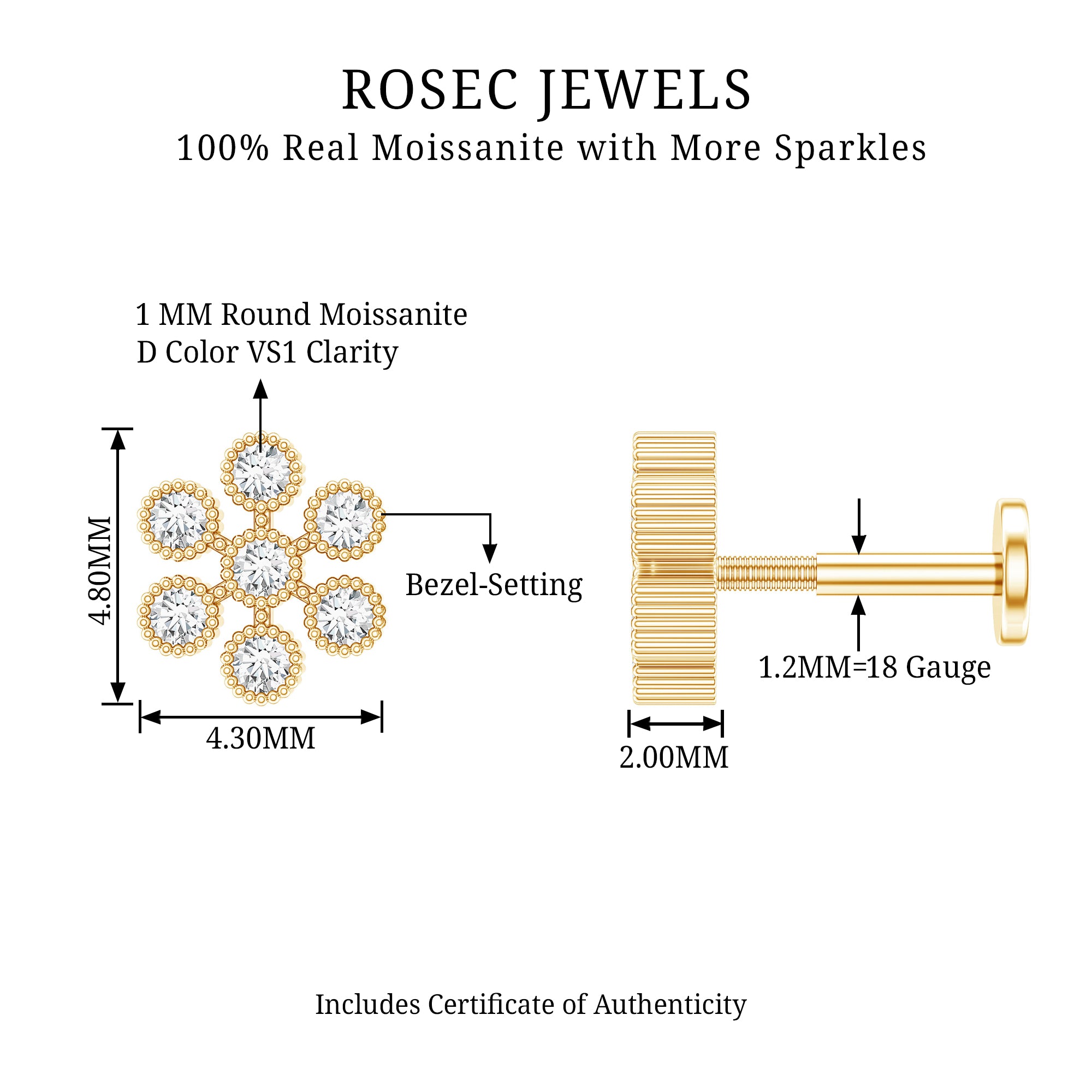 Moissanite Flower Cartilage Earring in Beaded Bezel Setting D-VS1 - Rosec Jewels