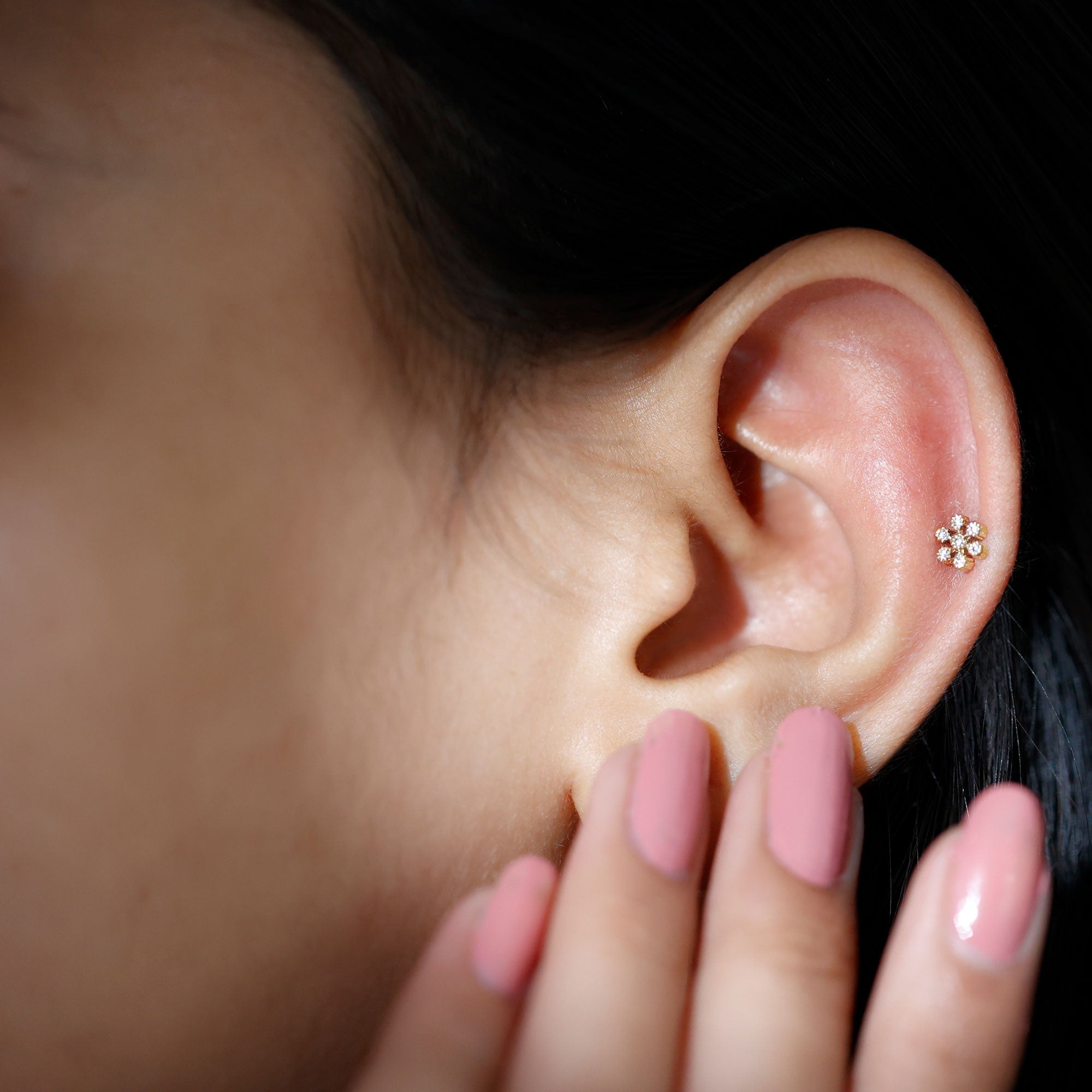 Moissanite Flower Cartilage Earring in Beaded Bezel Setting D-VS1 - Rosec Jewels