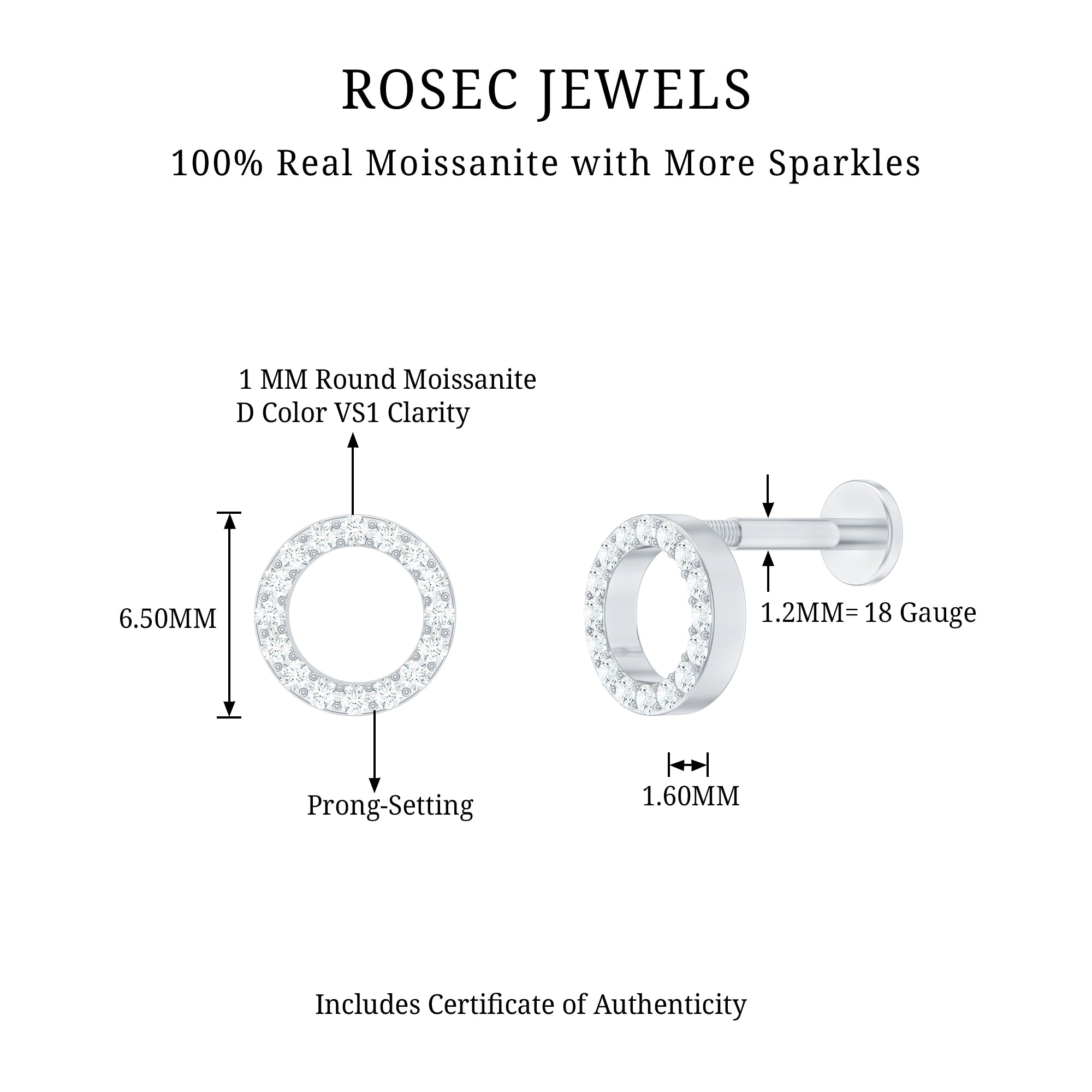 Minimal Moissanite Circle Helix Earring for Women D-VS1 - Rosec Jewels