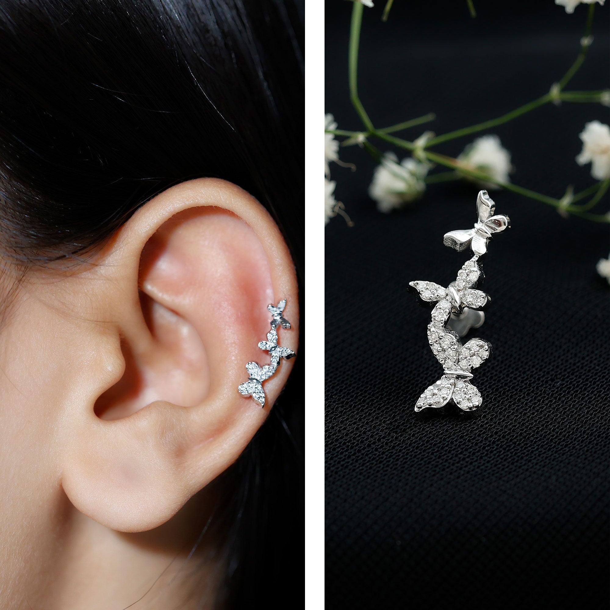 Moissanite Butterfly Climber Earring for Helix Piercing D-VS1 - Rosec Jewels