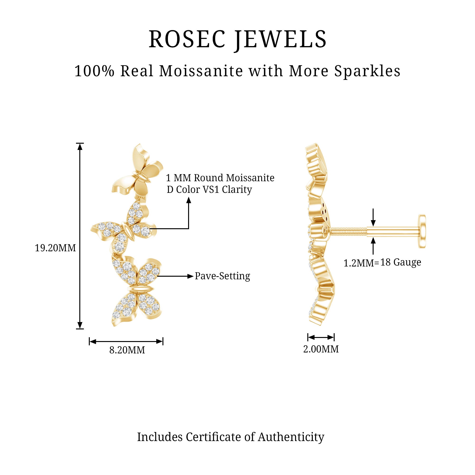 Moissanite Butterfly Climber Earring for Helix Piercing D-VS1 - Rosec Jewels