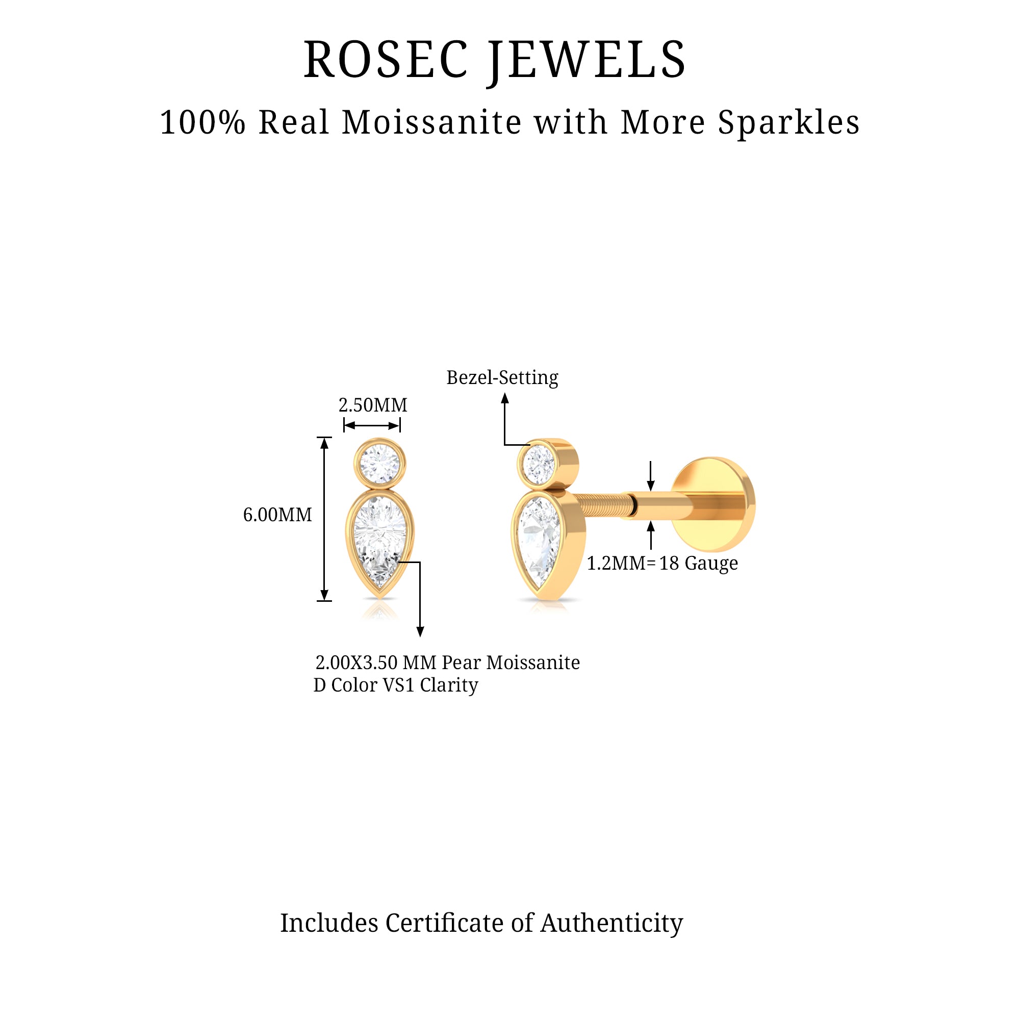 Dainty Pear and Round Cut Moissanite Tragus Earring D-VS1 - Rosec Jewels