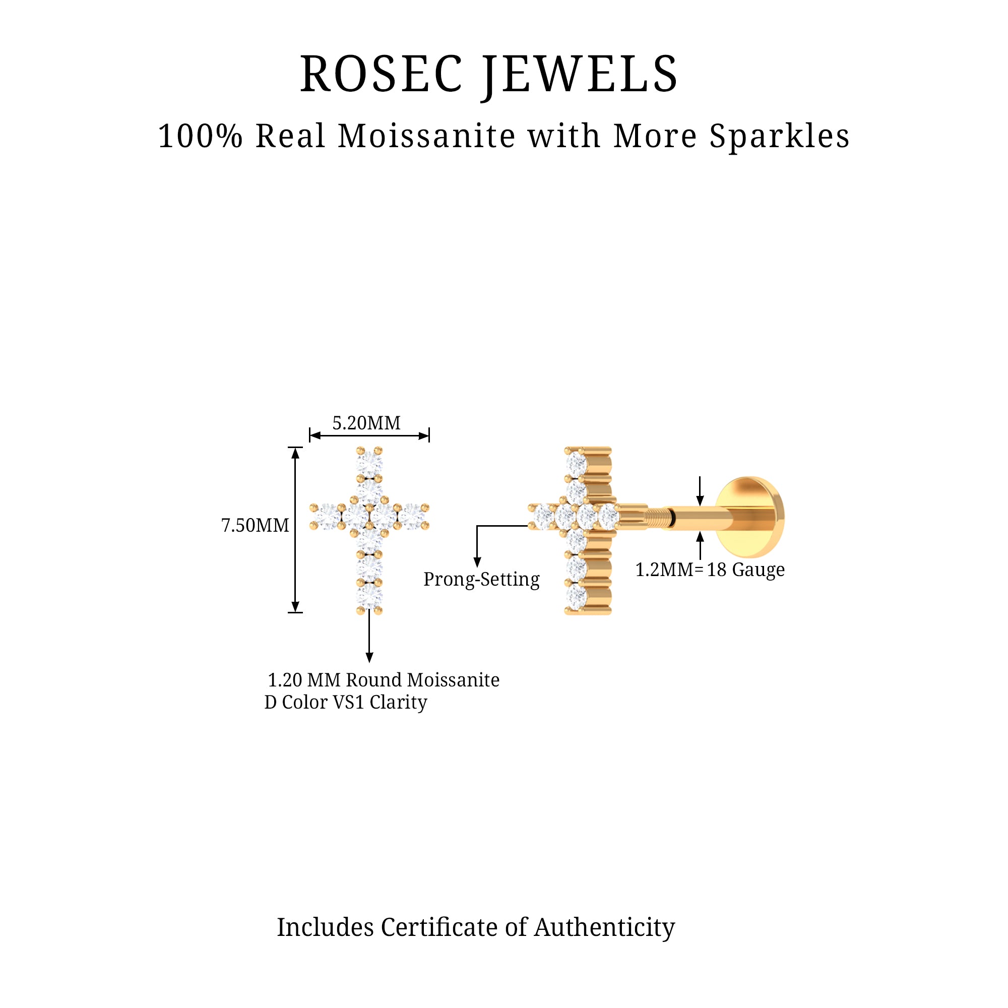 Minimalist Moissanite Cross Cartilage Earring D-VS1 - Rosec Jewels