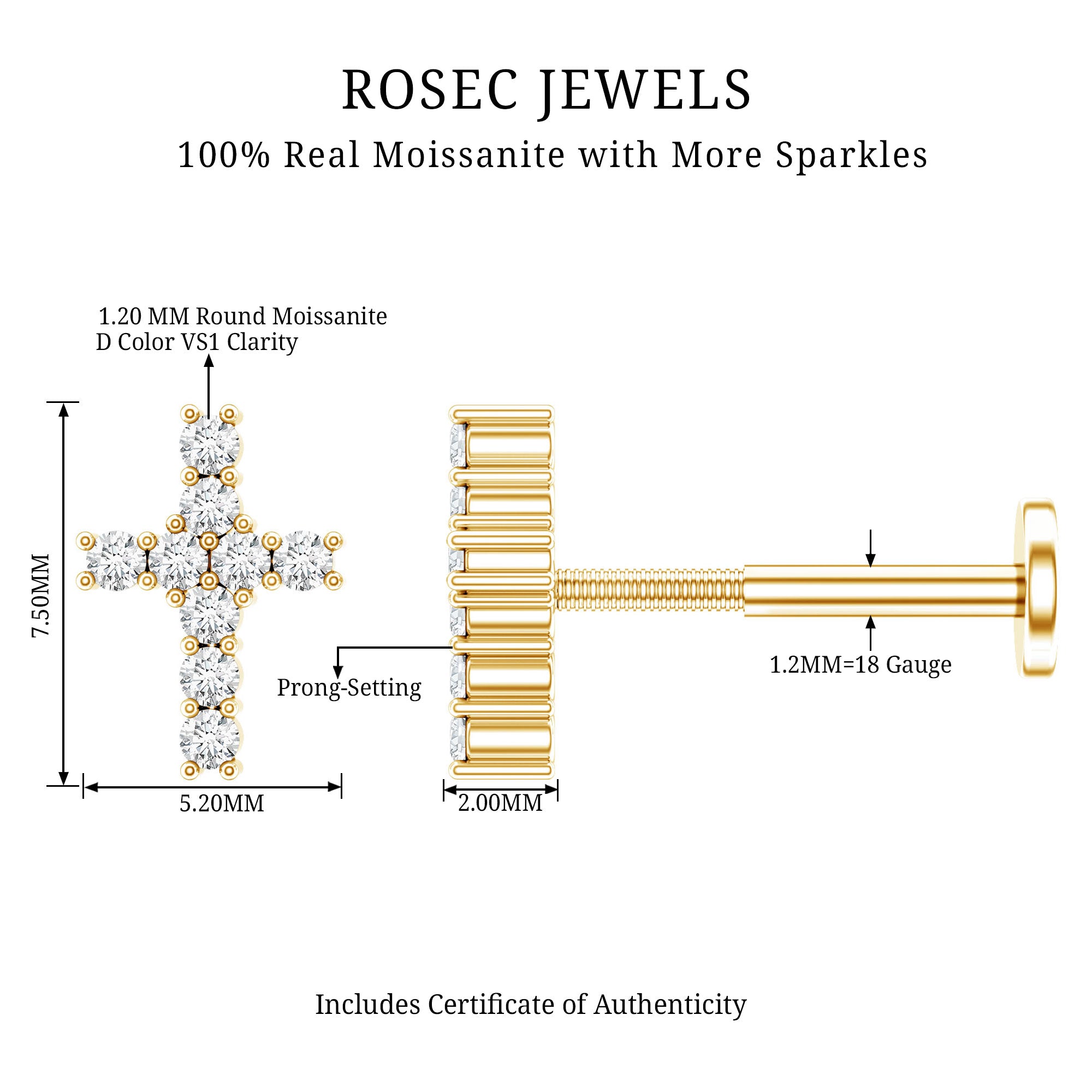 Minimalist Moissanite Cross Cartilage Earring D-VS1 - Rosec Jewels