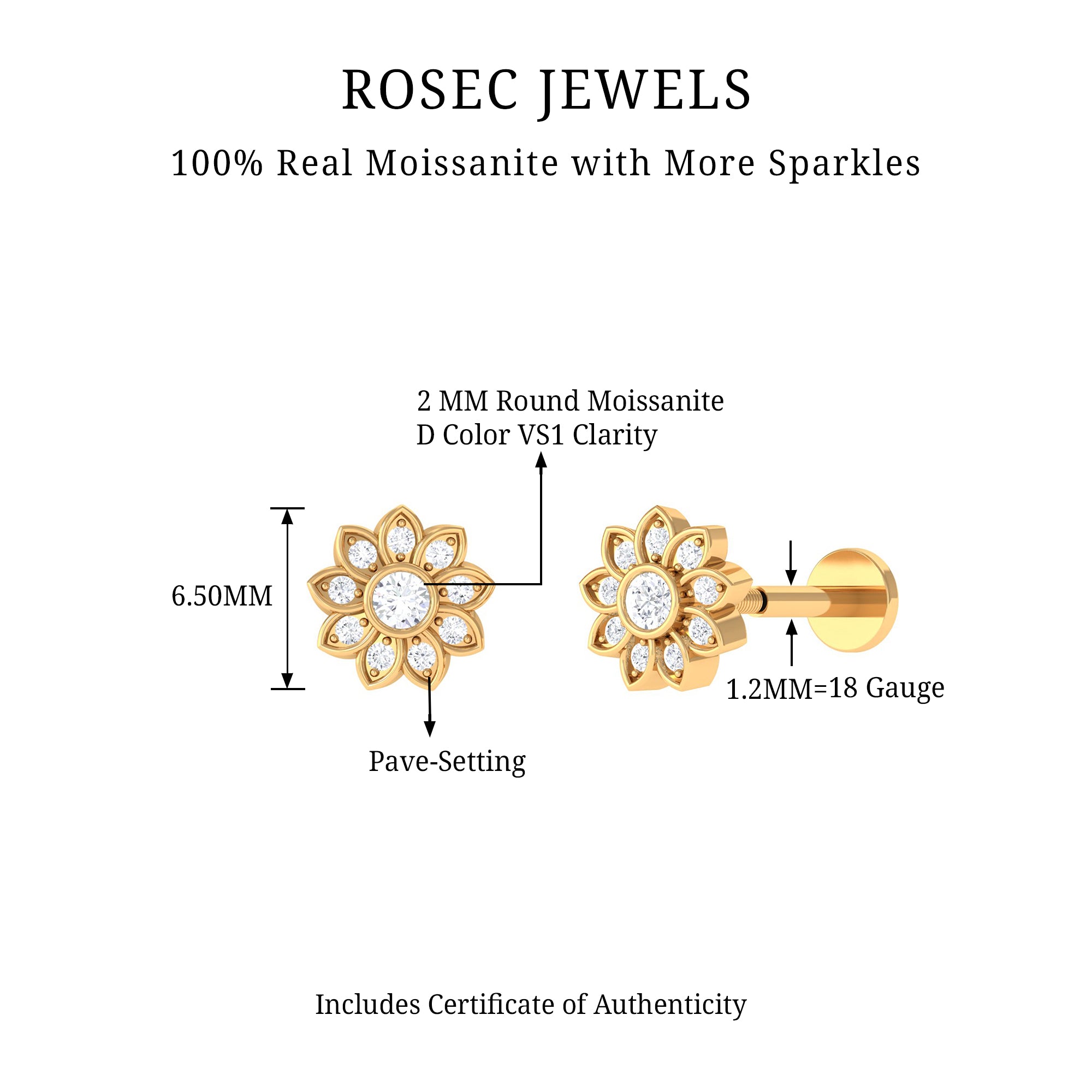 Rosec Jewels-Moissanite Flower Cartilage Earring in Gold