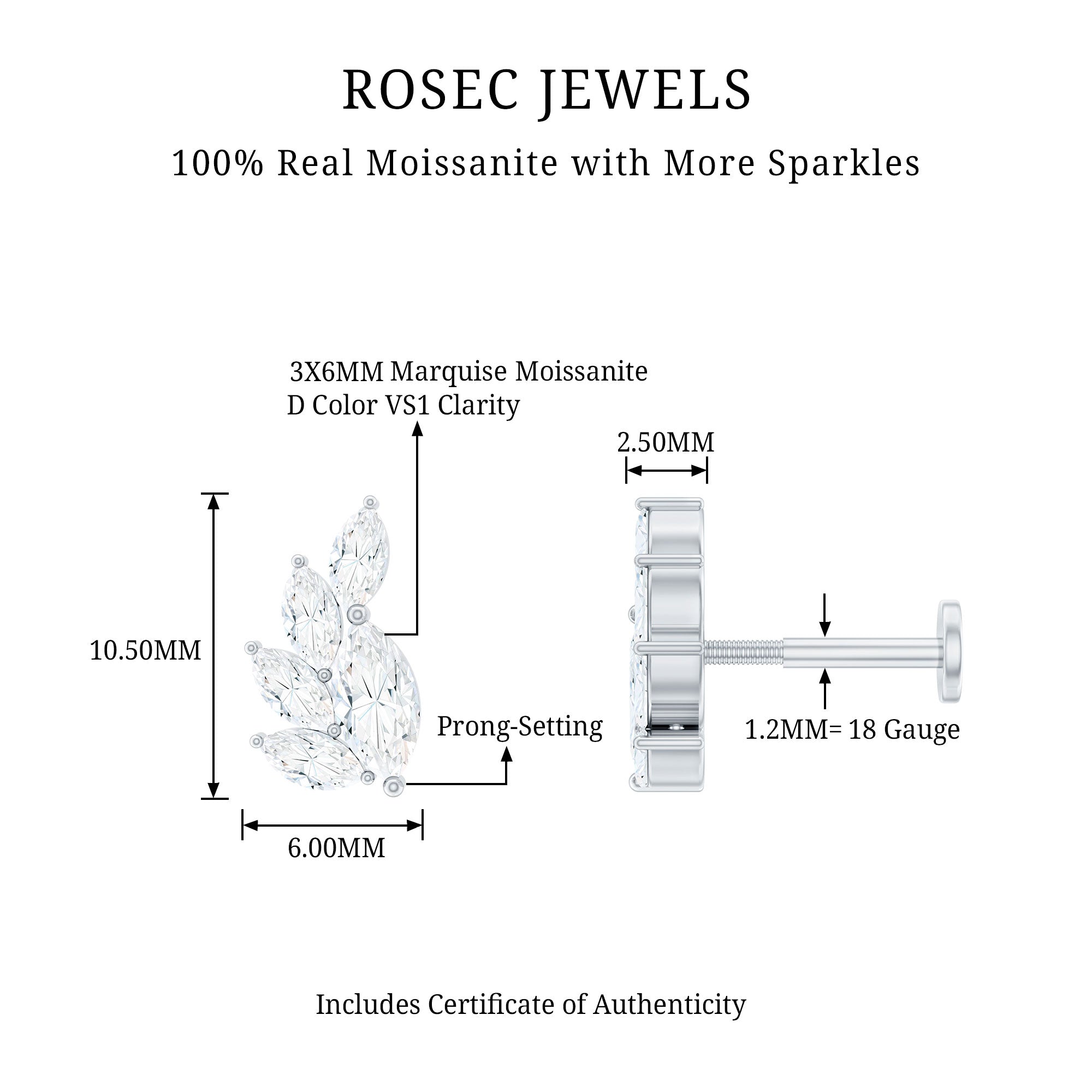 Marquise Cut Moissanite Cluster Helix Earring D-VS1 - Rosec Jewels