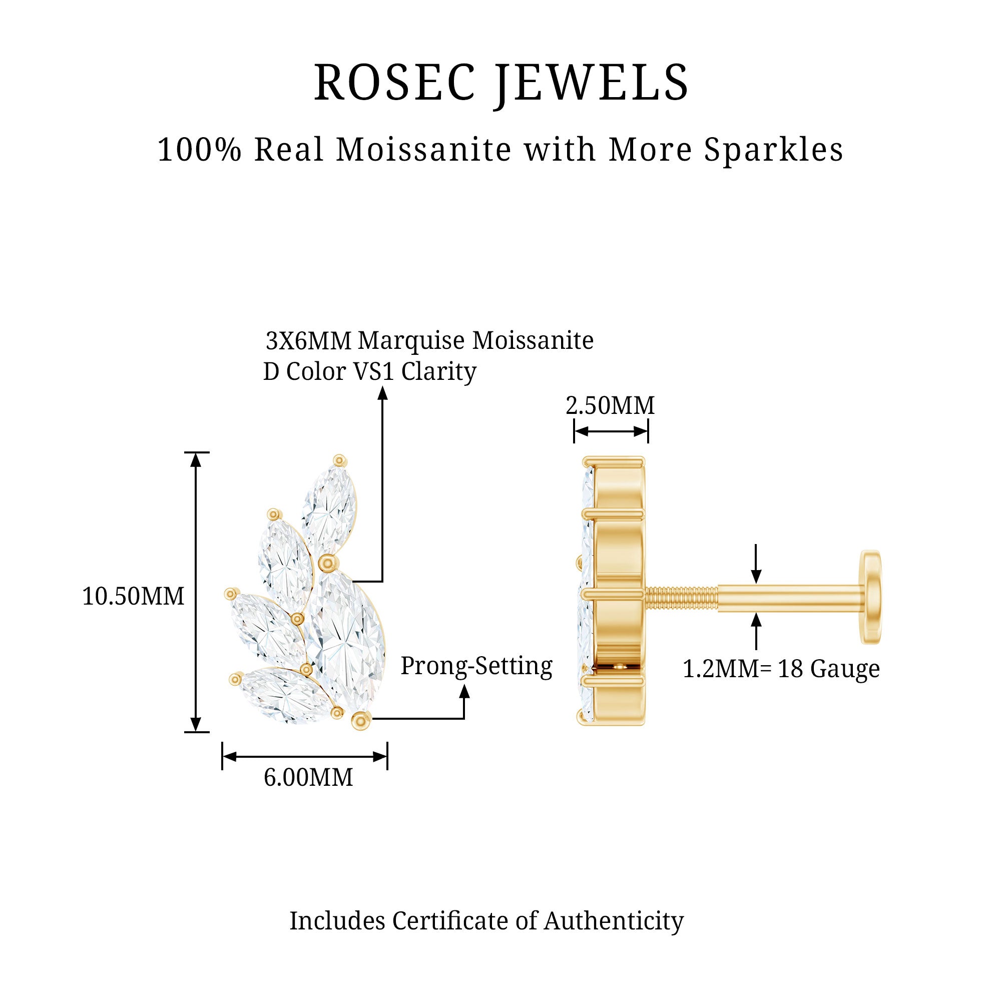 Marquise Cut Moissanite Cluster Helix Earring D-VS1 - Rosec Jewels