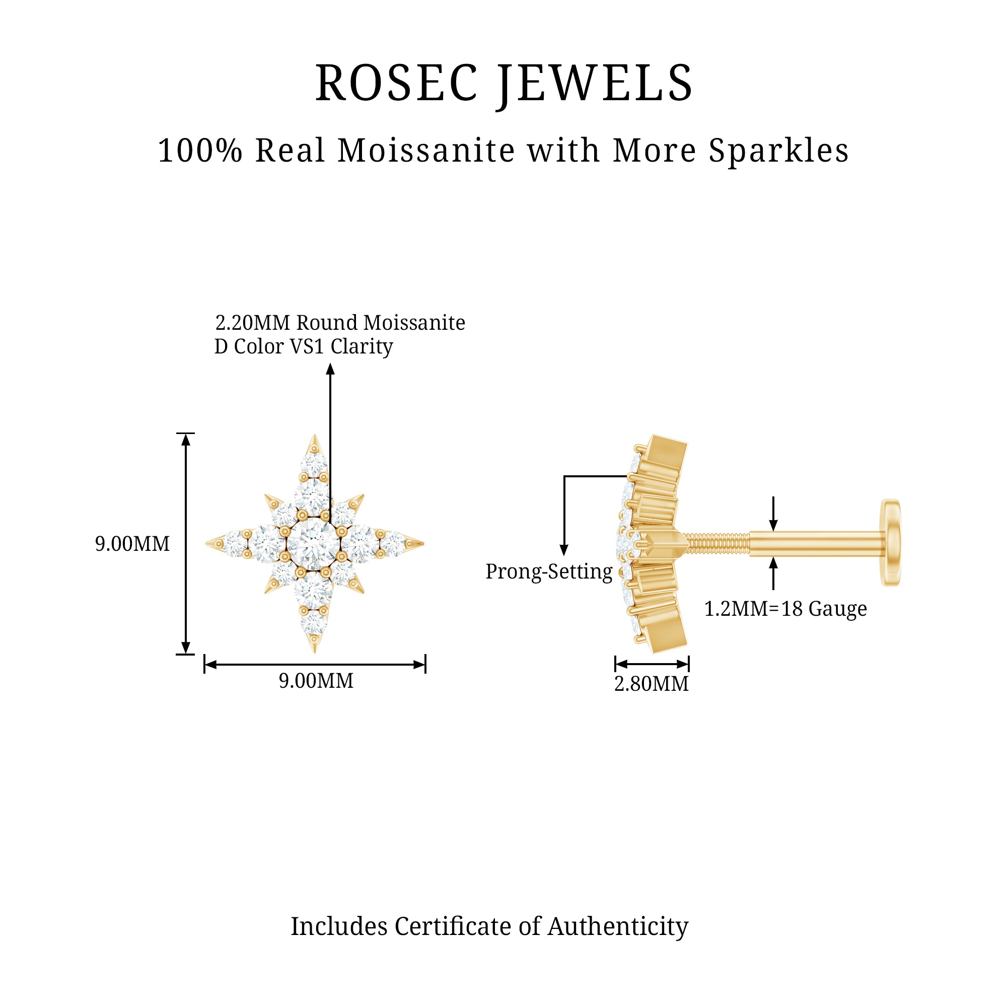 Moissanite Starburst Cartilage Earring with Flat Back D-VS1 - Rosec Jewels