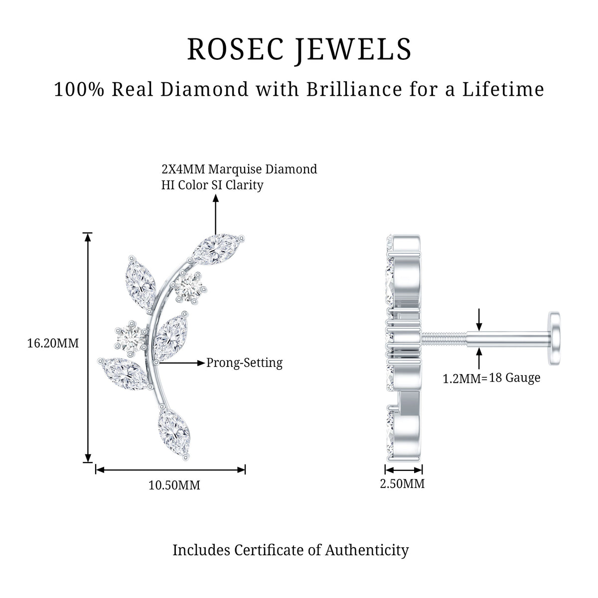 Womens Marquise Diamond Leaf Crawler Earring Natural - ( HI-SI ) - Rosec Jewels
