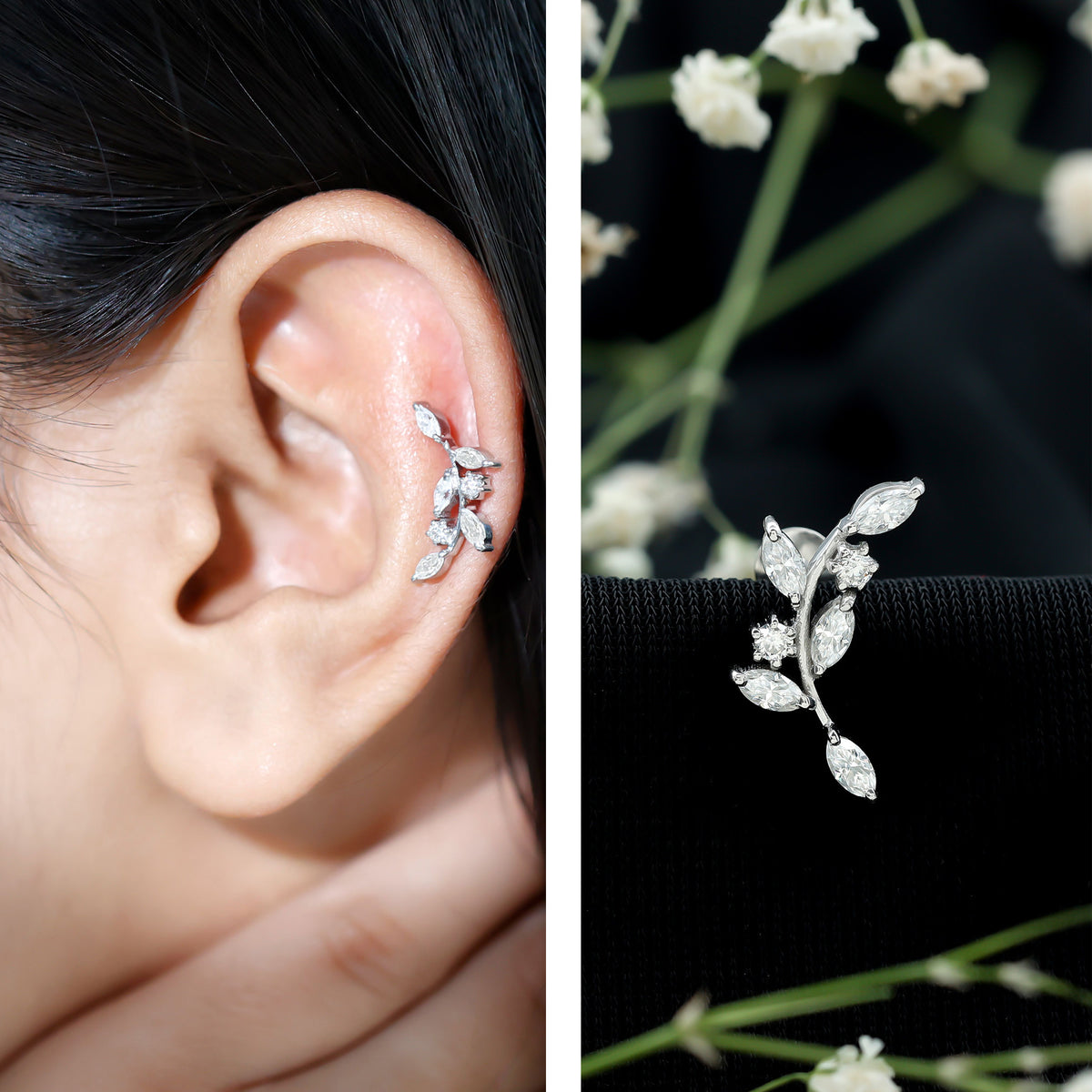 Womens Marquise Diamond Leaf Crawler Earring Natural - ( HI-SI ) - Rosec Jewels