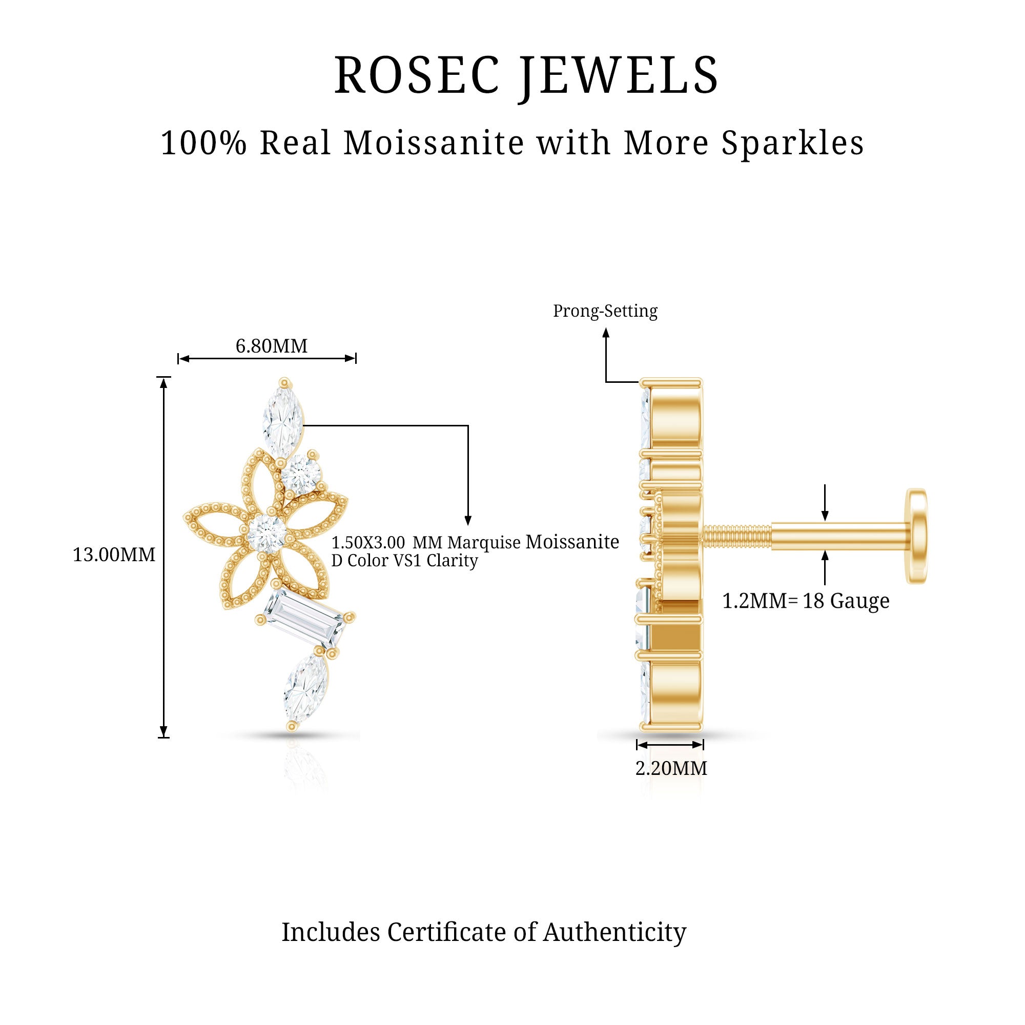 Unique Moissanite Flower Crawler Cartilage Earring D-VS1 - Rosec Jewels