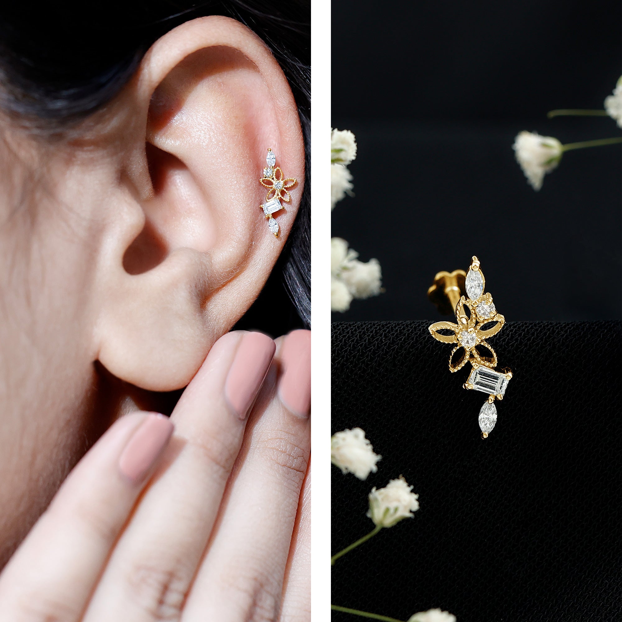 Unique Moissanite Flower Crawler Cartilage Earring D-VS1 - Rosec Jewels