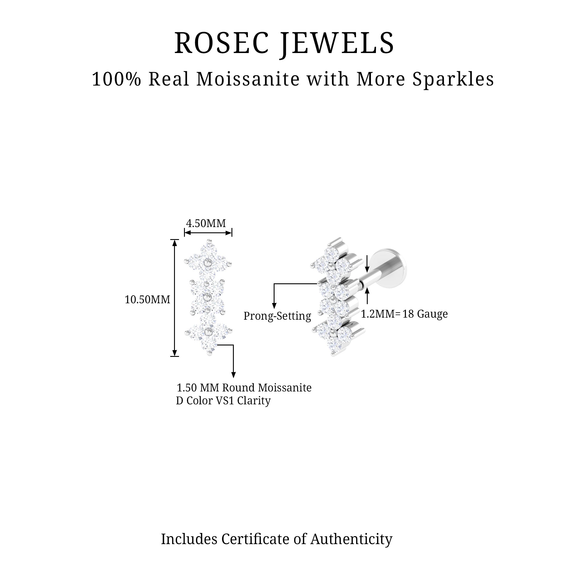 Dainty Moissanite Flower Helix Crawler Earring D-VS1 - Rosec Jewels