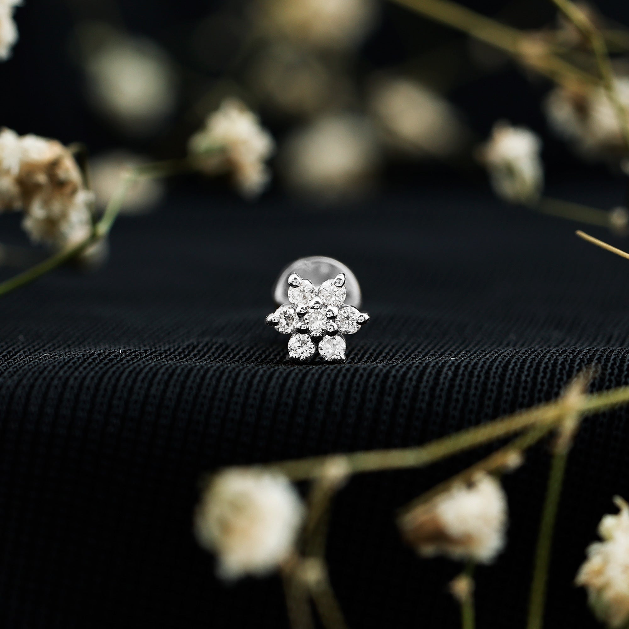 Tiny Moissanite Flower Cluster Earring for Conch Piercing D-VS1 - Rosec Jewels