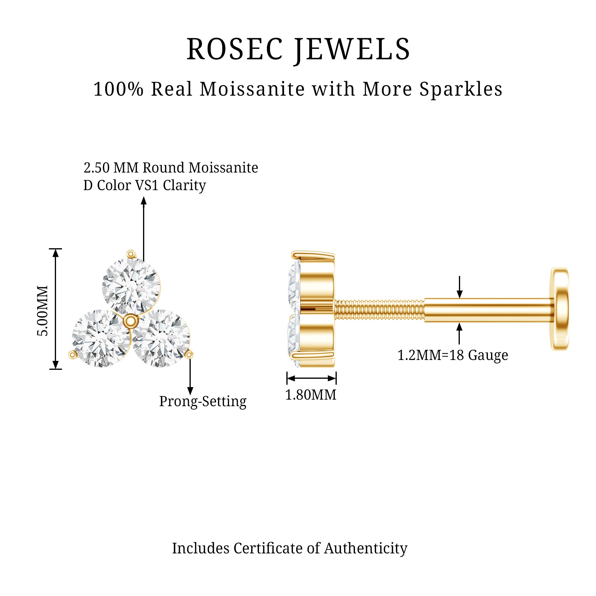 Tiny Moissanite Trio Flower Earring for Helix Piercing D-VS1 - Rosec Jewels