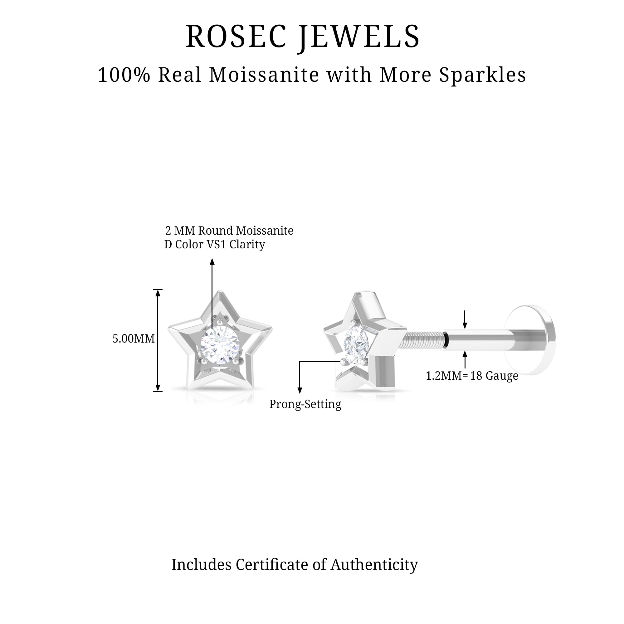 Solitaire Moissanite Star Earring for Conch Piercing D-VS1 - Rosec Jewels