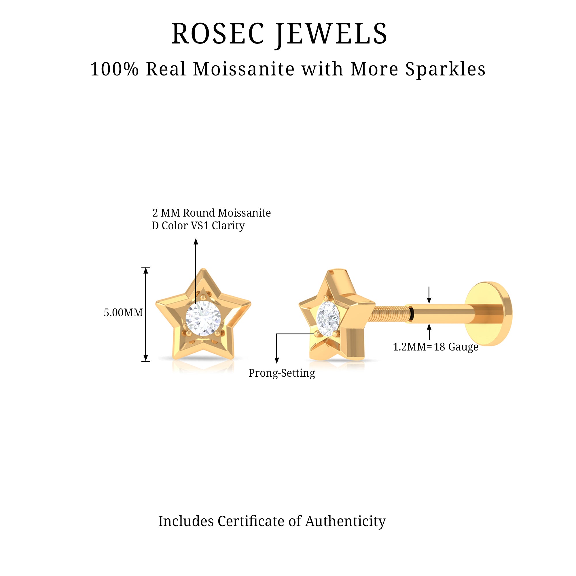 Solitaire Moissanite Star Earring for Conch Piercing D-VS1 - Rosec Jewels