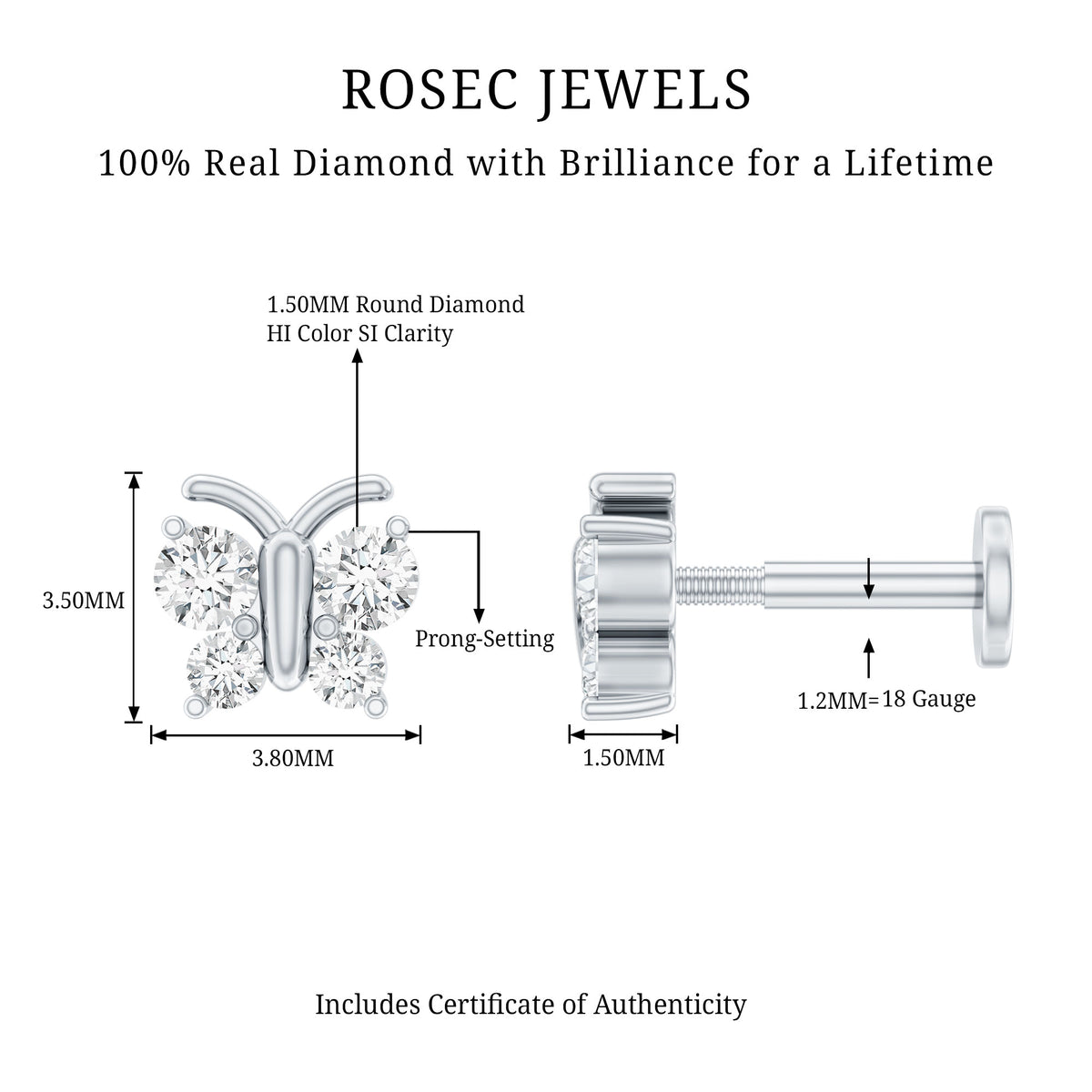 Natural Diamond Butterfly Earring for Cartilage Piercing Natural - ( HI-SI ) - Rosec Jewels