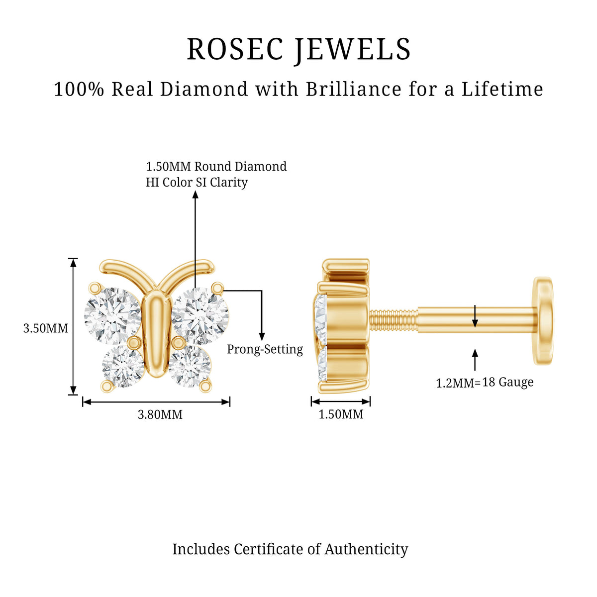 Natural Diamond Butterfly Earring for Cartilage Piercing Natural - ( HI-SI ) - Rosec Jewels