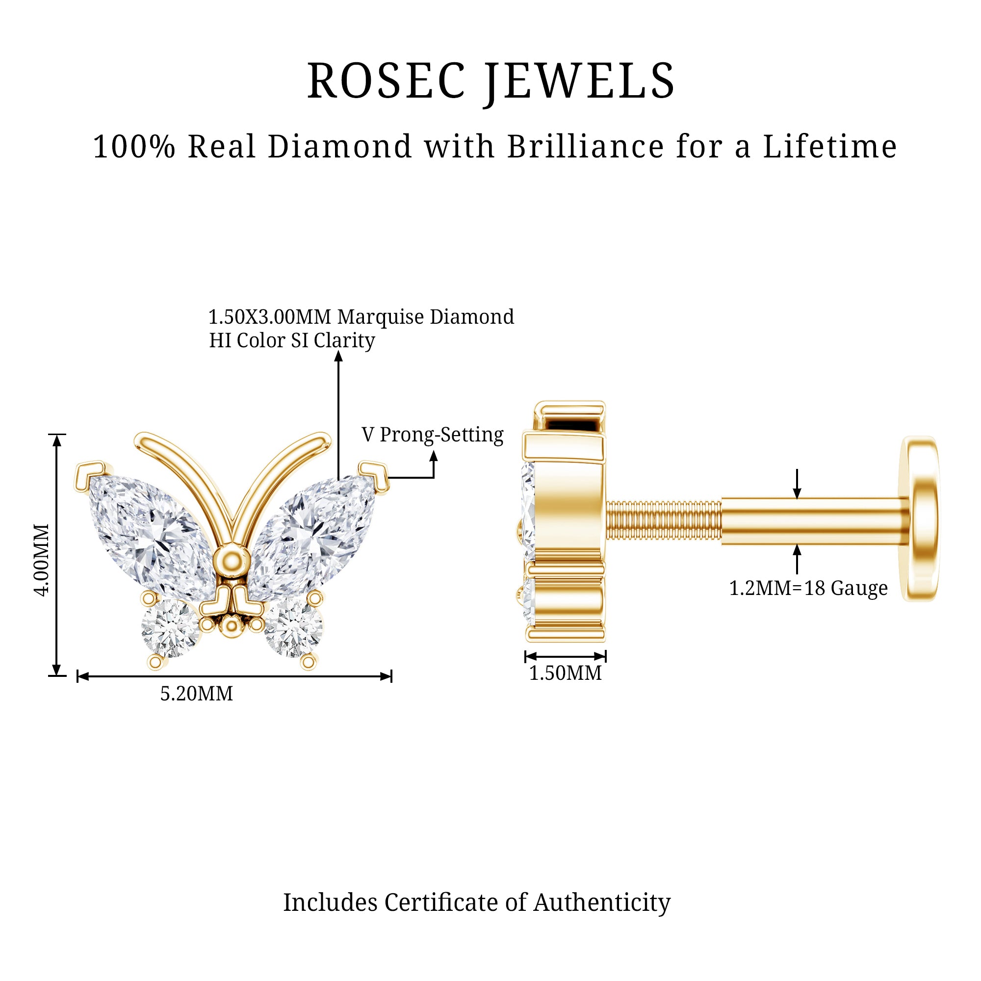 Natural Diamond Butterfly Earring for Helix Piercing Natural - ( HI-SI ) - Rosec Jewels