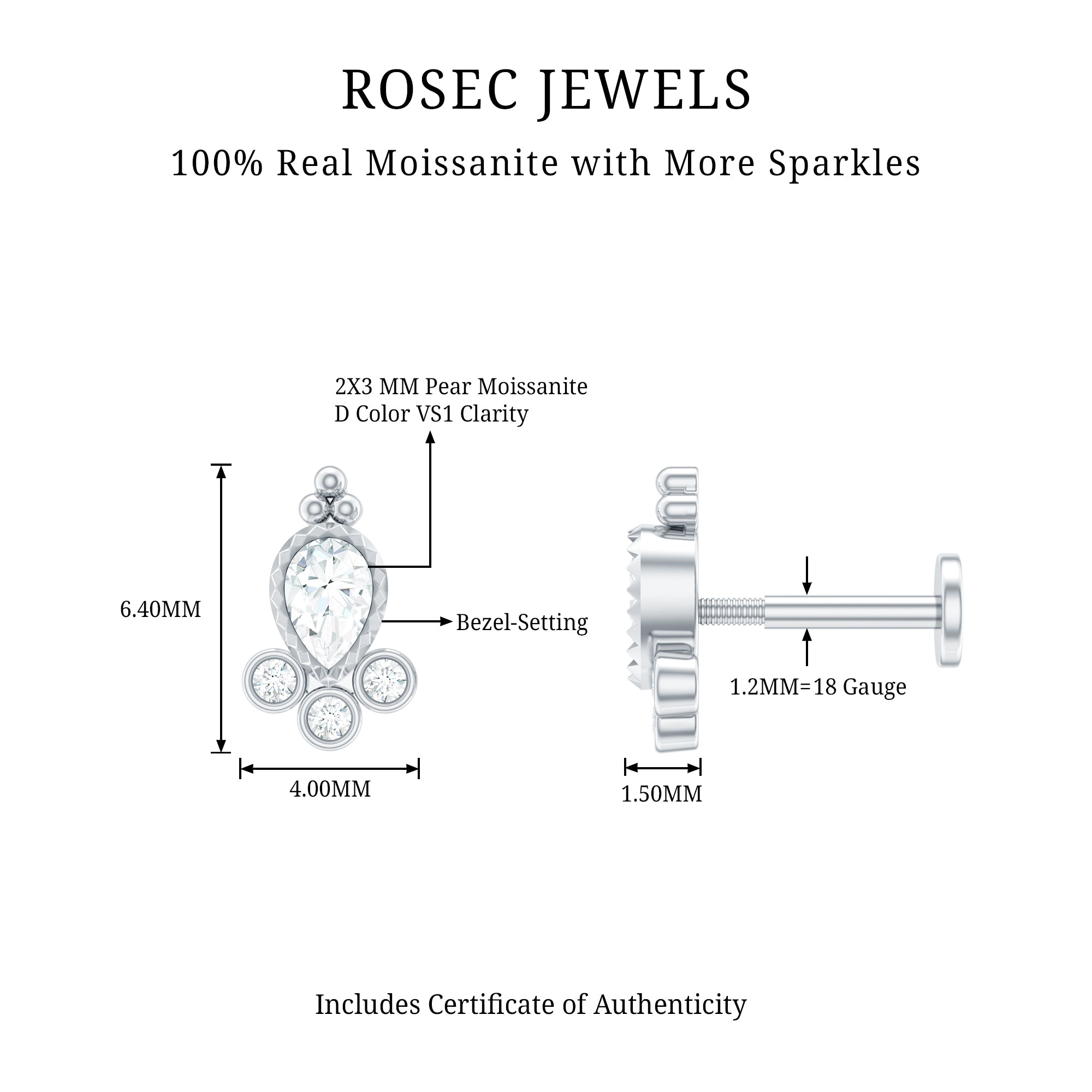 Vintage Style Moissanite Tragus Earring in Bezel Setting D-VS1 - Rosec Jewels