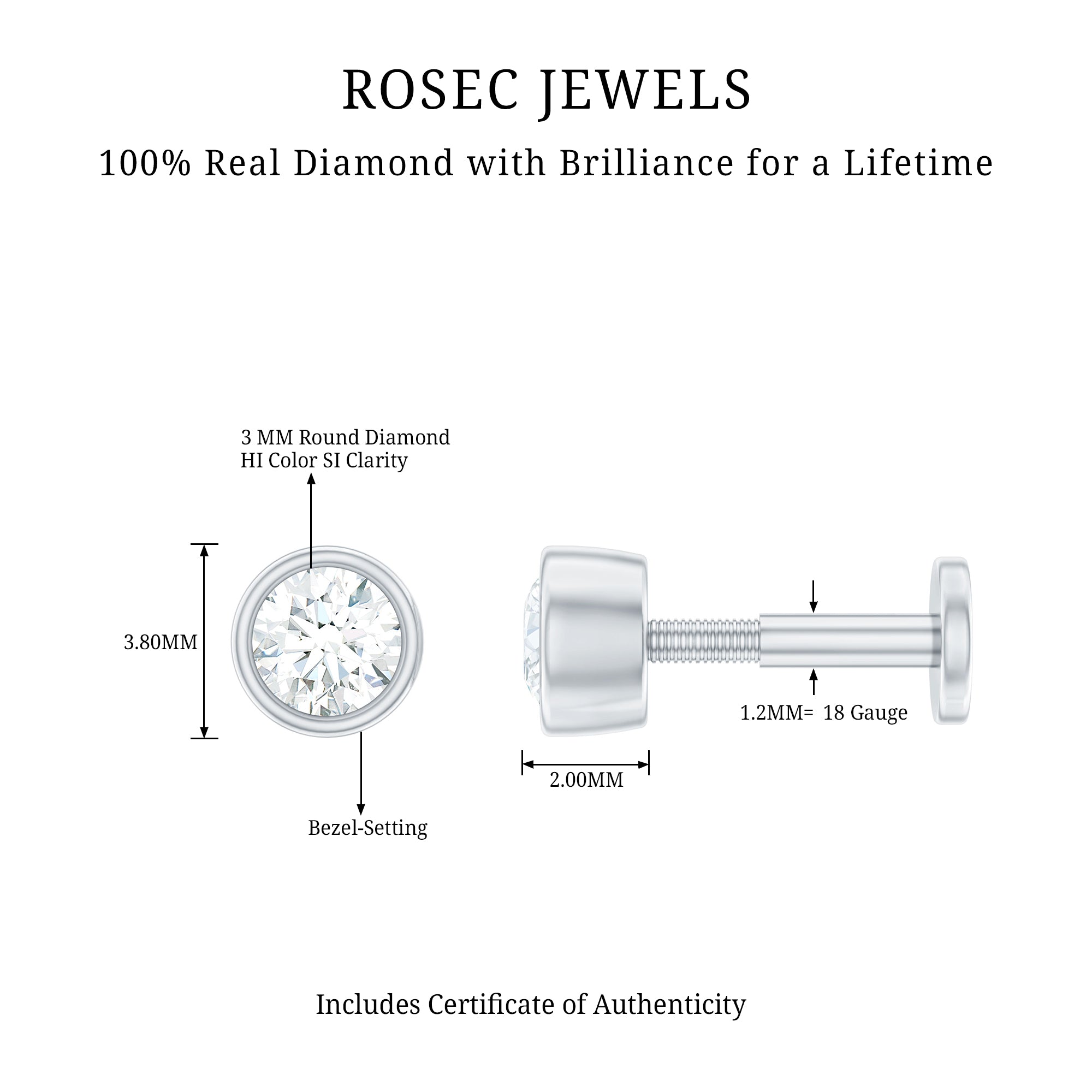 Bezel Set Diamond Cartilage Earring with Flat Back Natural - ( HI-SI ) - Rosec Jewels