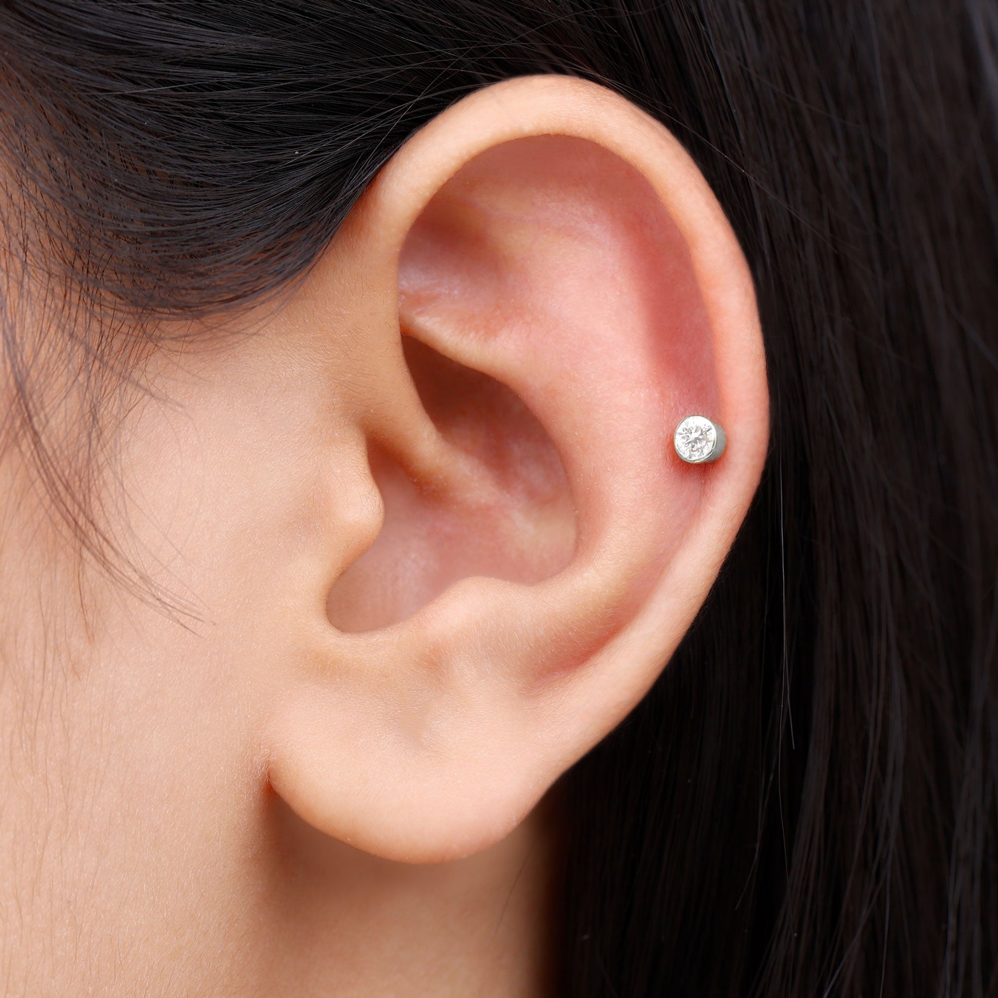 Bezel Set Diamond Cartilage Earring with Flat Back Natural - ( HI-SI ) - Rosec Jewels