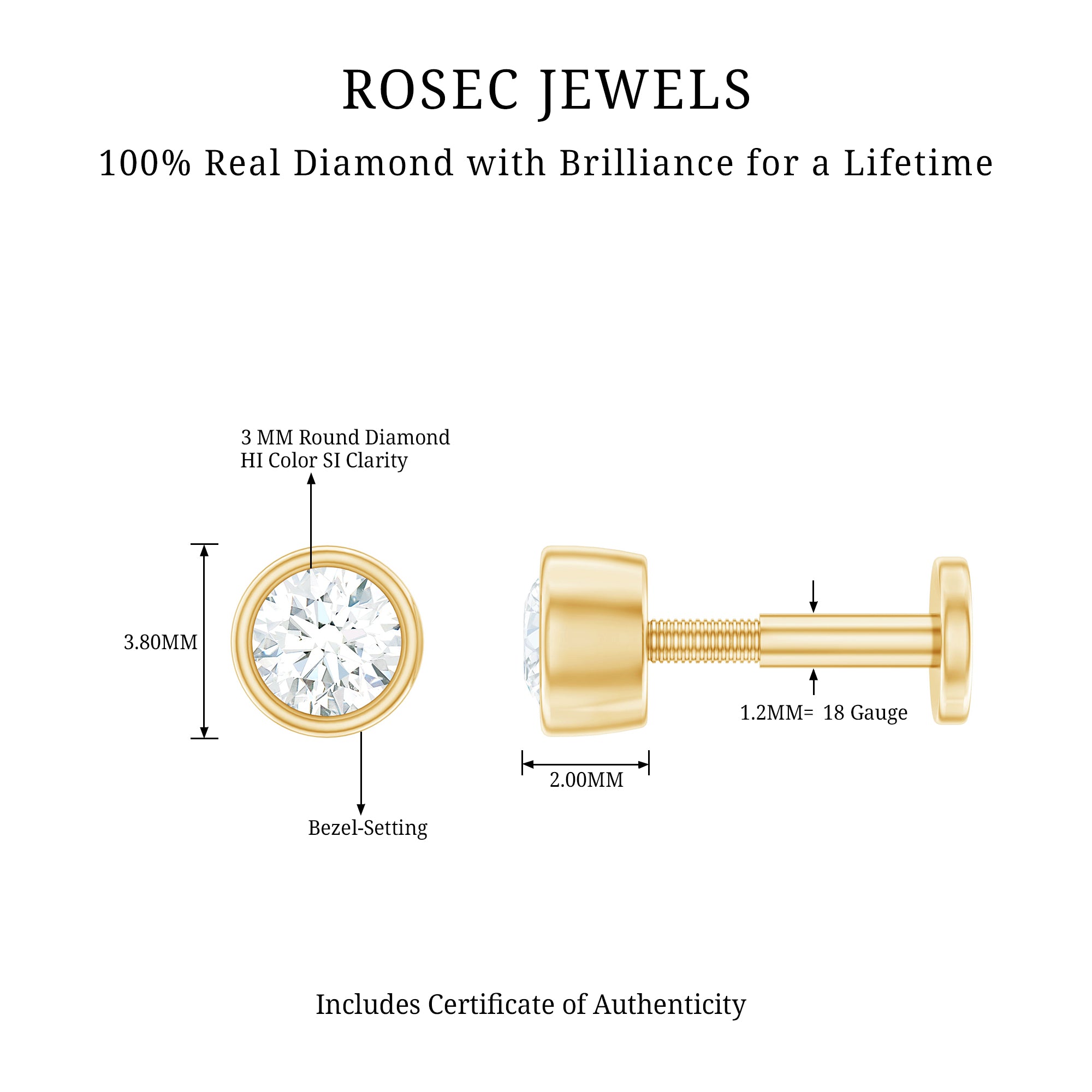 Bezel Set Diamond Cartilage Earring with Flat Back Natural - ( HI-SI ) - Rosec Jewels