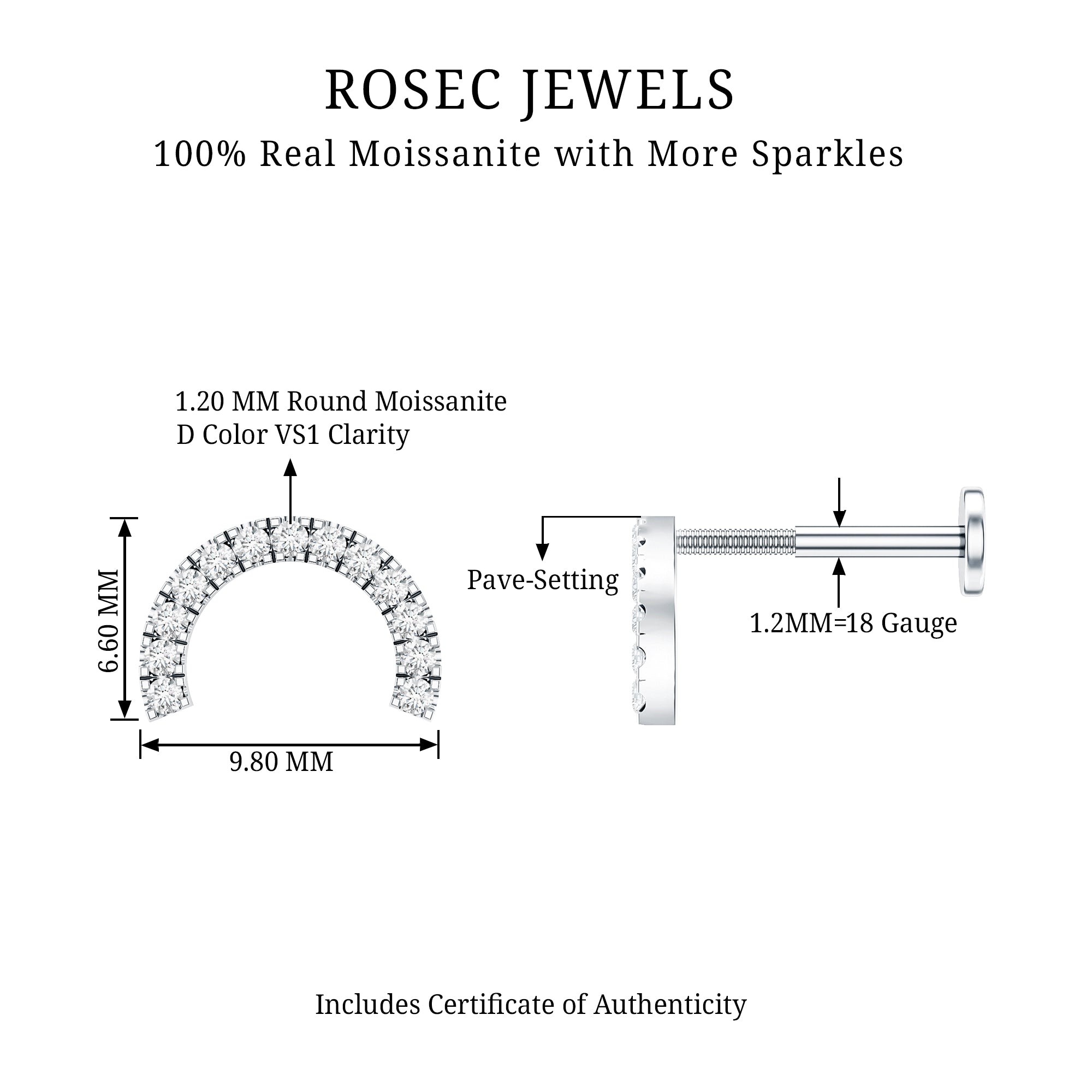Moissanite Half Circle Earring for Helix Piercing D-VS1 - Rosec Jewels