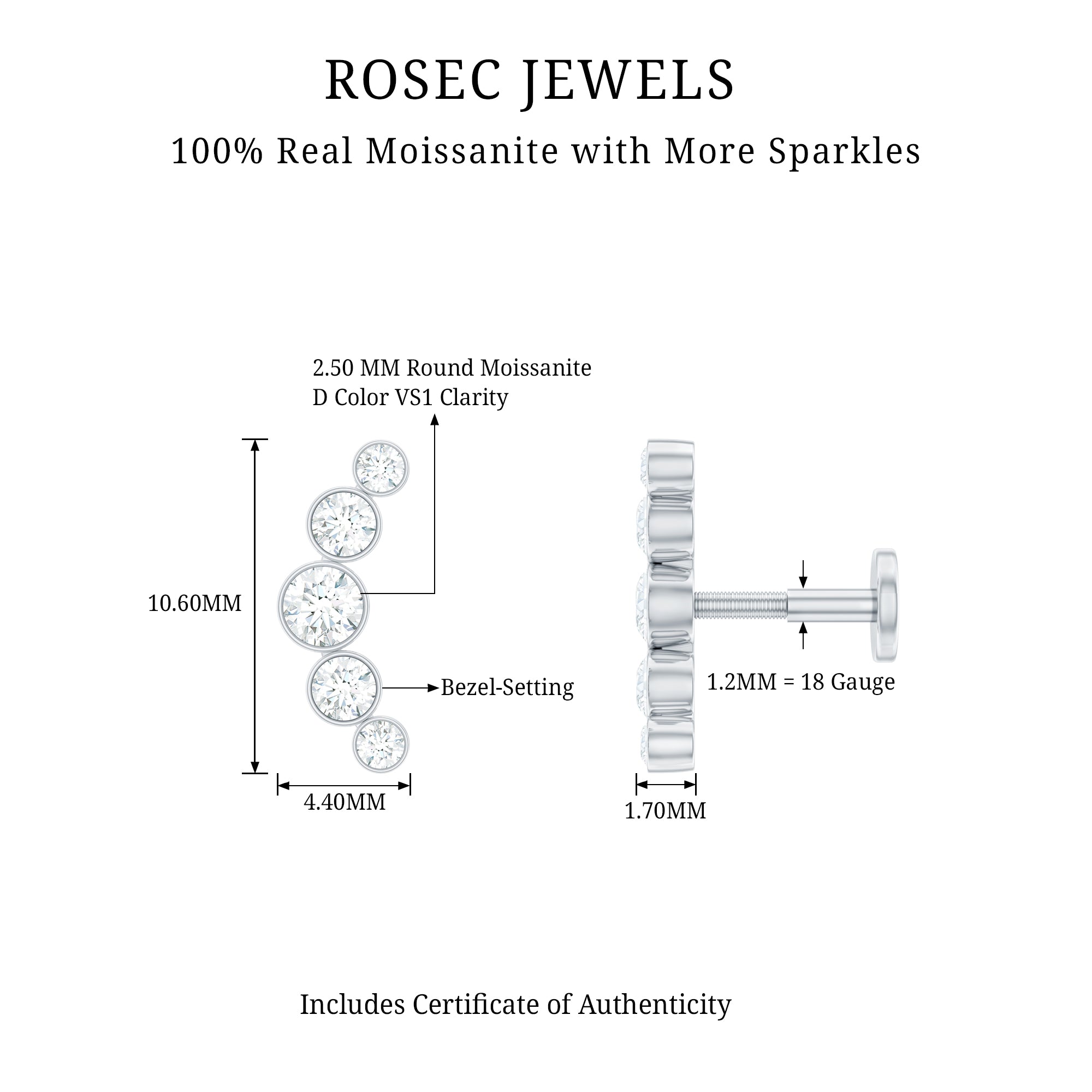 Bezel Set Moissanite Curved Helix Earring in Graduated Style D-VS1 - Rosec Jewels