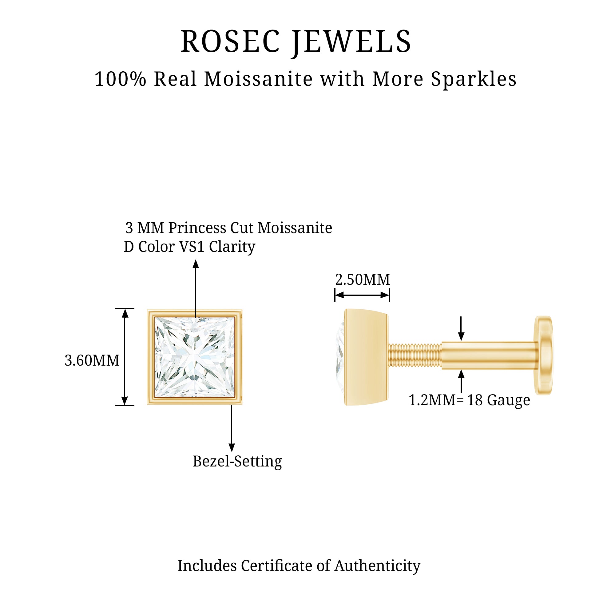 Princess Cut Moissanite Solitaire Conch Earring D-VS1 - Rosec Jewels