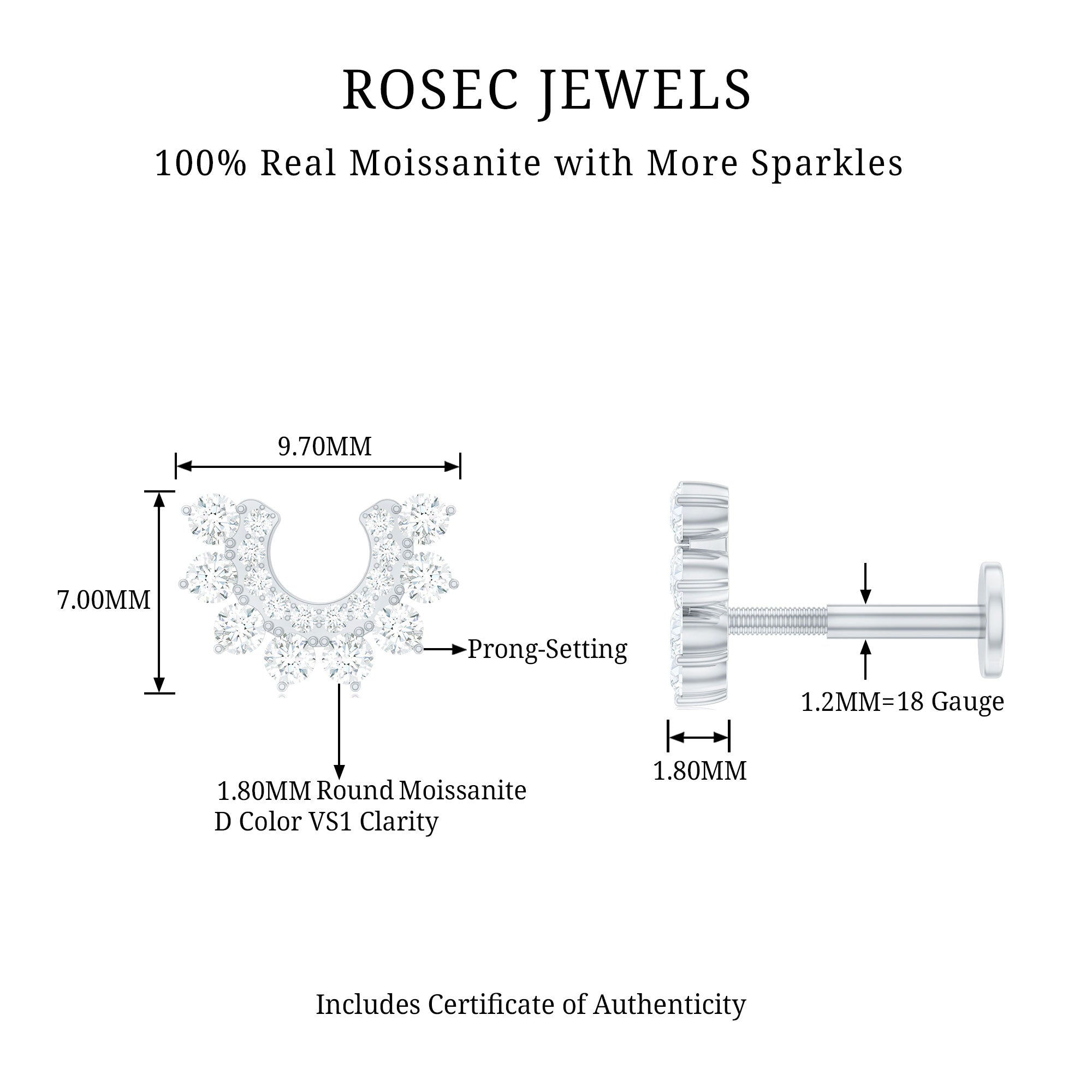 Certified Moissanite Cluster Curved Conch Earring D-VS1 - Rosec Jewels