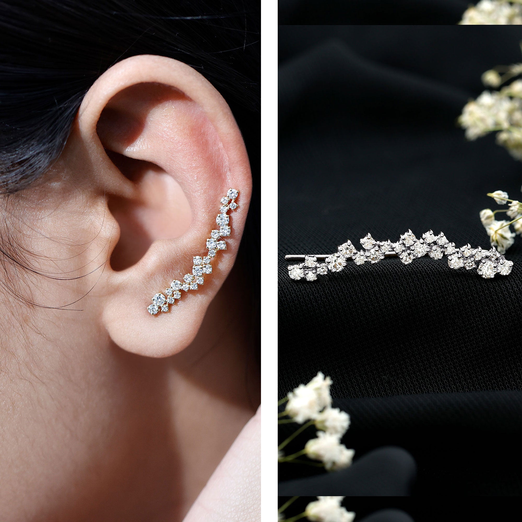 Certified Round Moissanite Cluster Climber Earring D-VS1 - Rosec Jewels