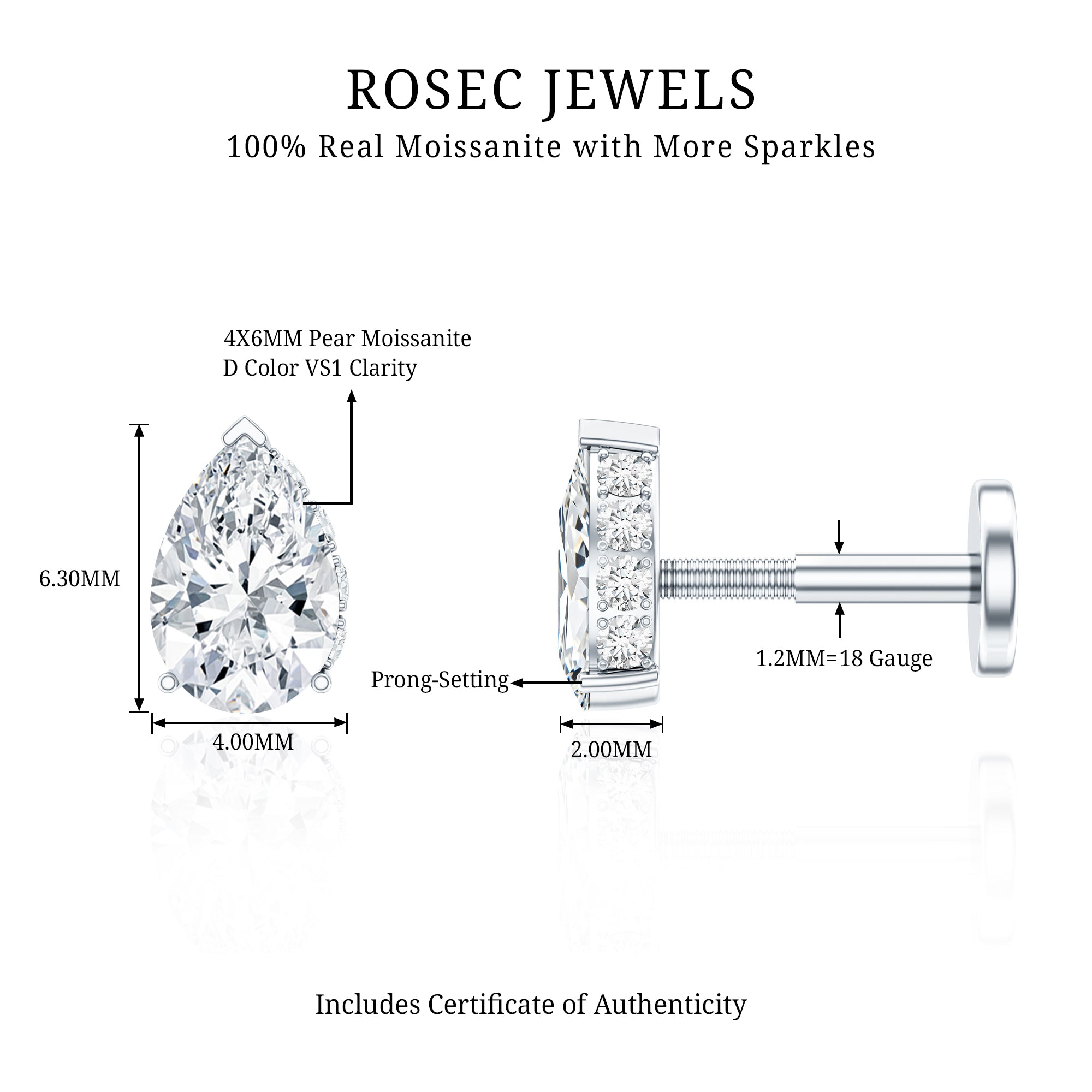 Pear Shaped Moissanite Solitaire Cartilage Earring D-VS1 - Rosec Jewels