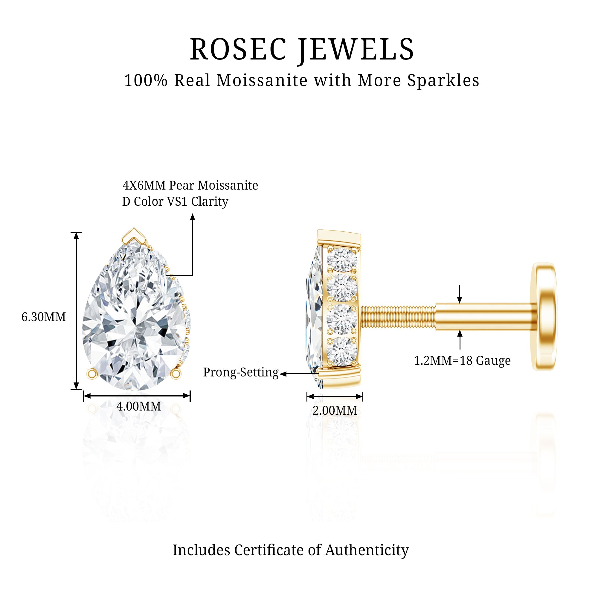 Pear Shaped Moissanite Solitaire Cartilage Earring D-VS1 - Rosec Jewels