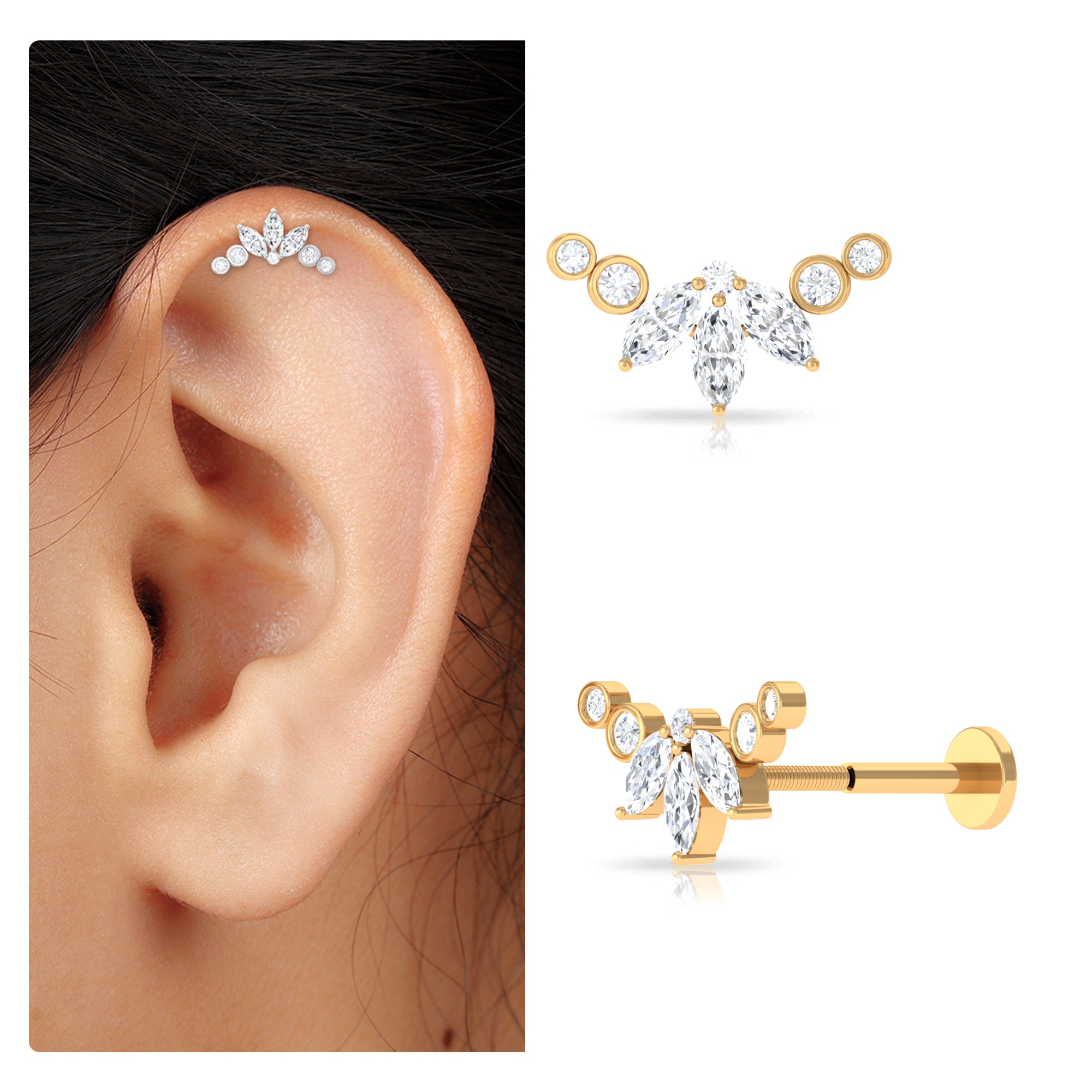 Marquise Moissanite Curved Crawler Earring for Helix Piercing D-VS1 - Rosec Jewels