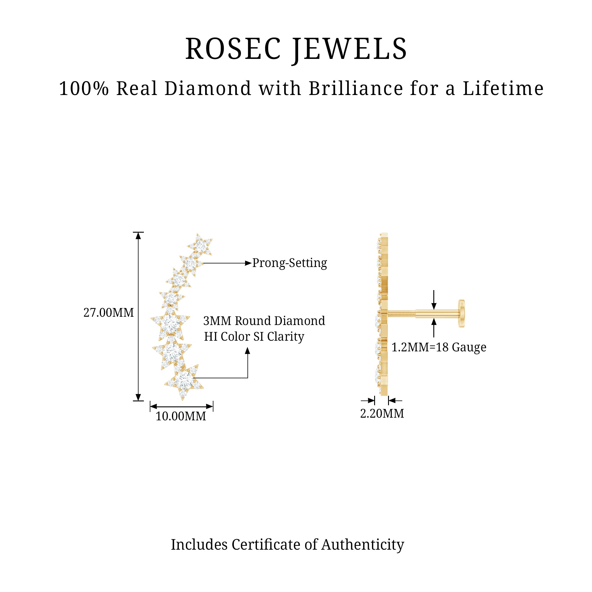 Graduated Diamond Star Crawler Earring for Helix Piercing Natural - ( HI-SI ) - Rosec Jewels