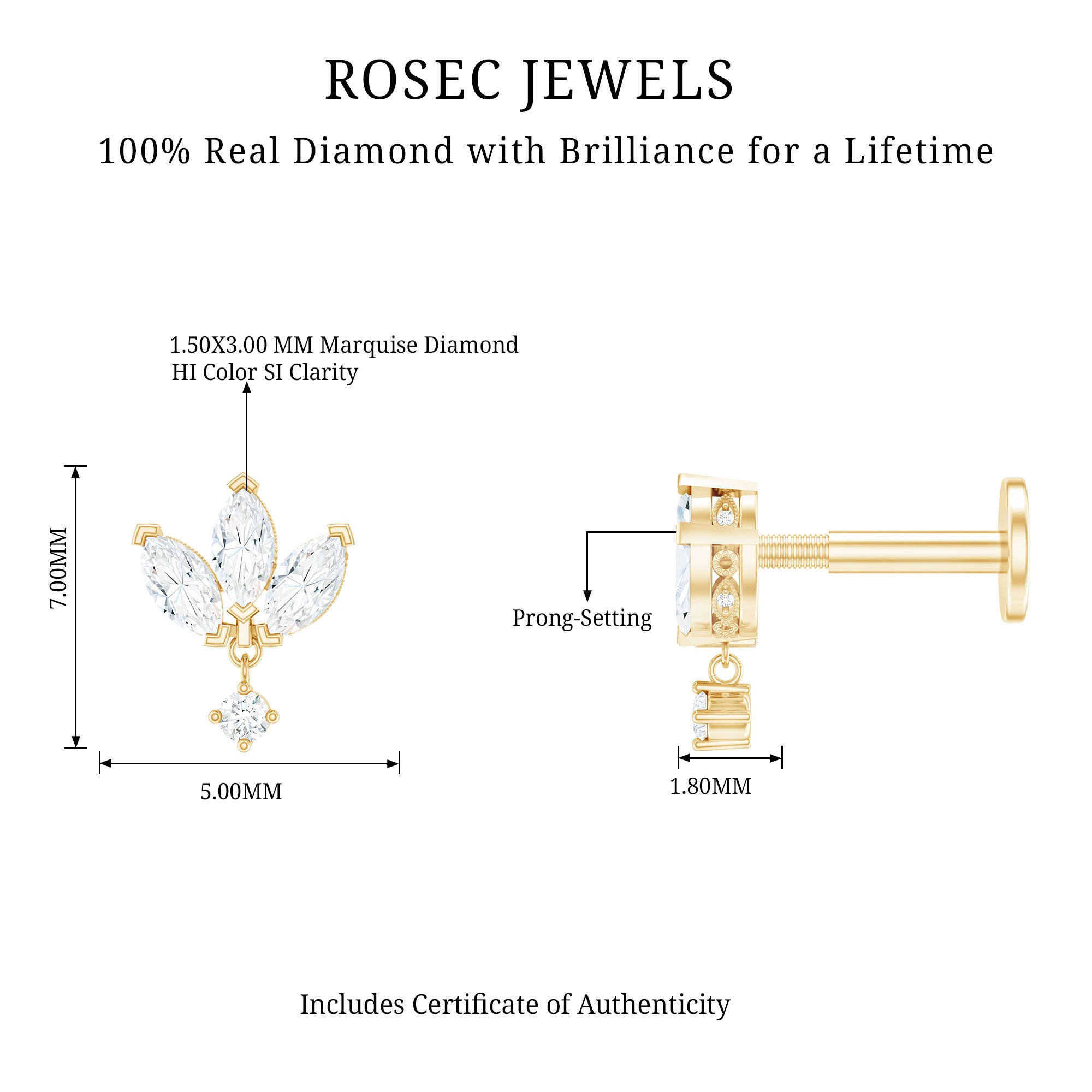 Real Diamond Lotus Flower Drop Earring for Cartilage Piercing Natural - ( HI-SI ) - Rosec Jewels
