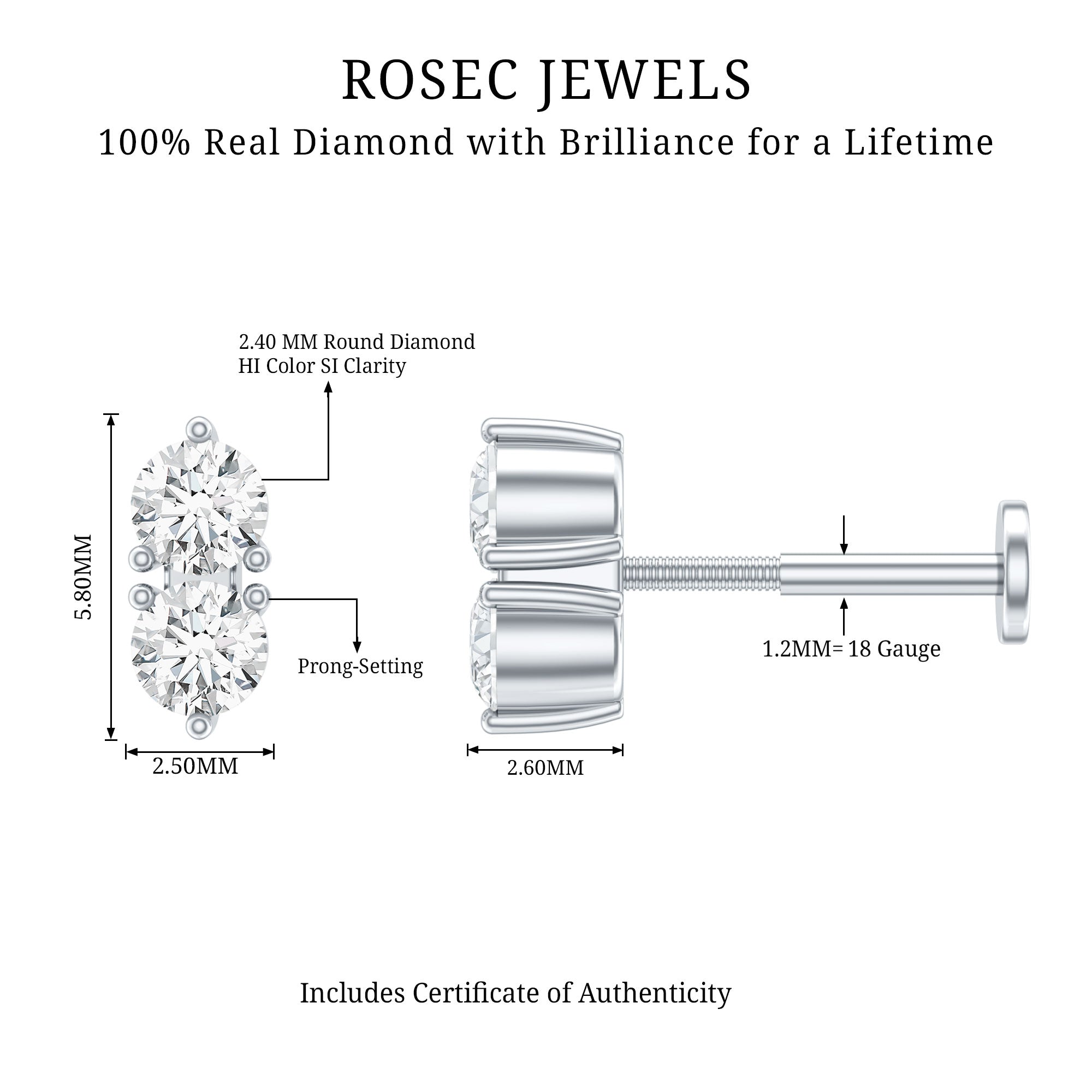 Natural Diamond 2 Stone Earring for Tragus Piercing Natural - ( HI-SI ) - Rosec Jewels