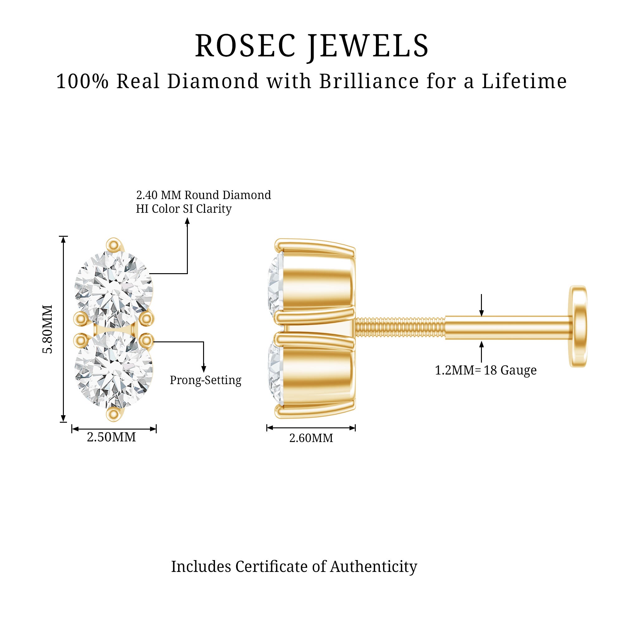 Natural Diamond 2 Stone Earring for Tragus Piercing Natural - ( HI-SI ) - Rosec Jewels