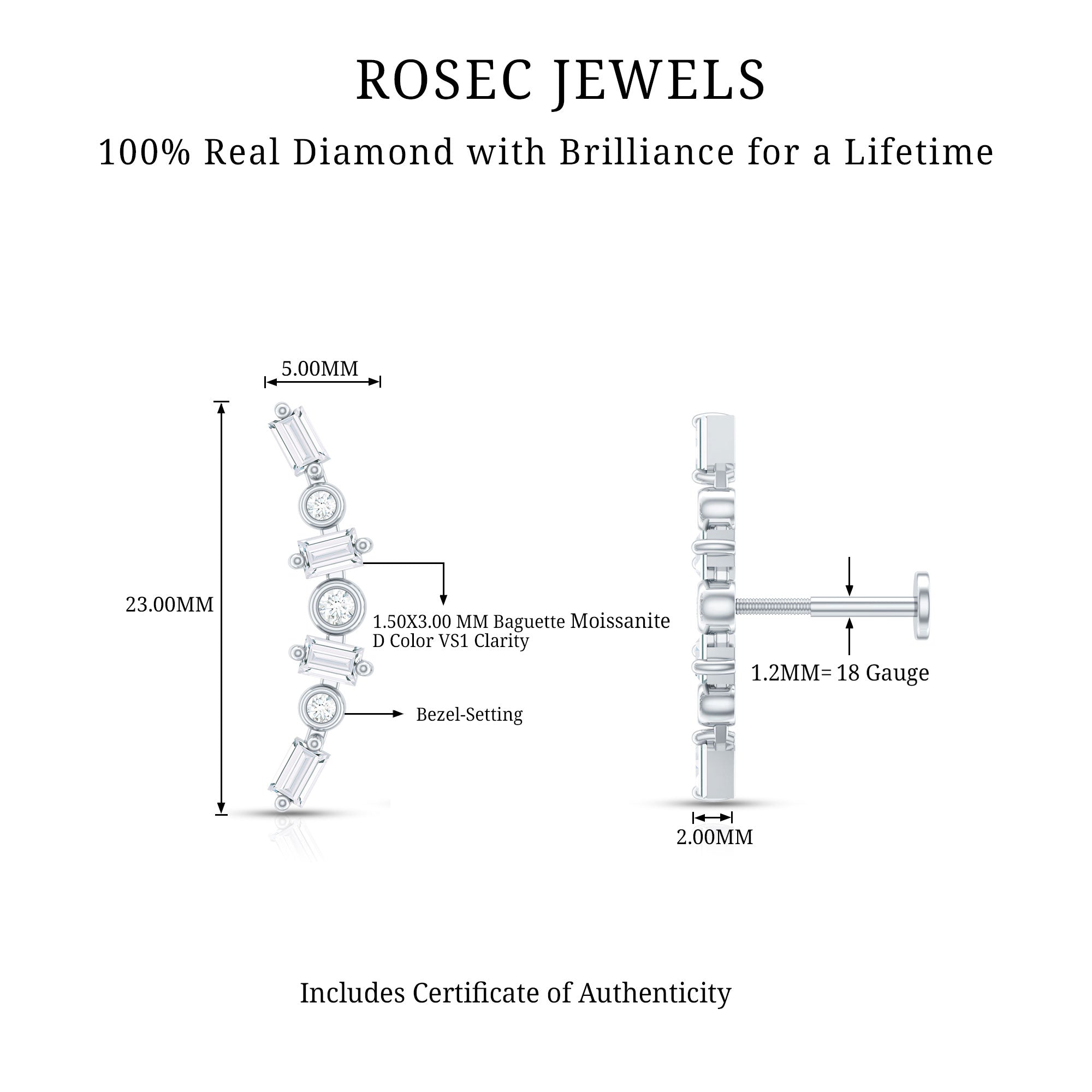 Baguette Moissanite Art Deco Climber Earring for Helix Piercing D-VS1 - Rosec Jewels